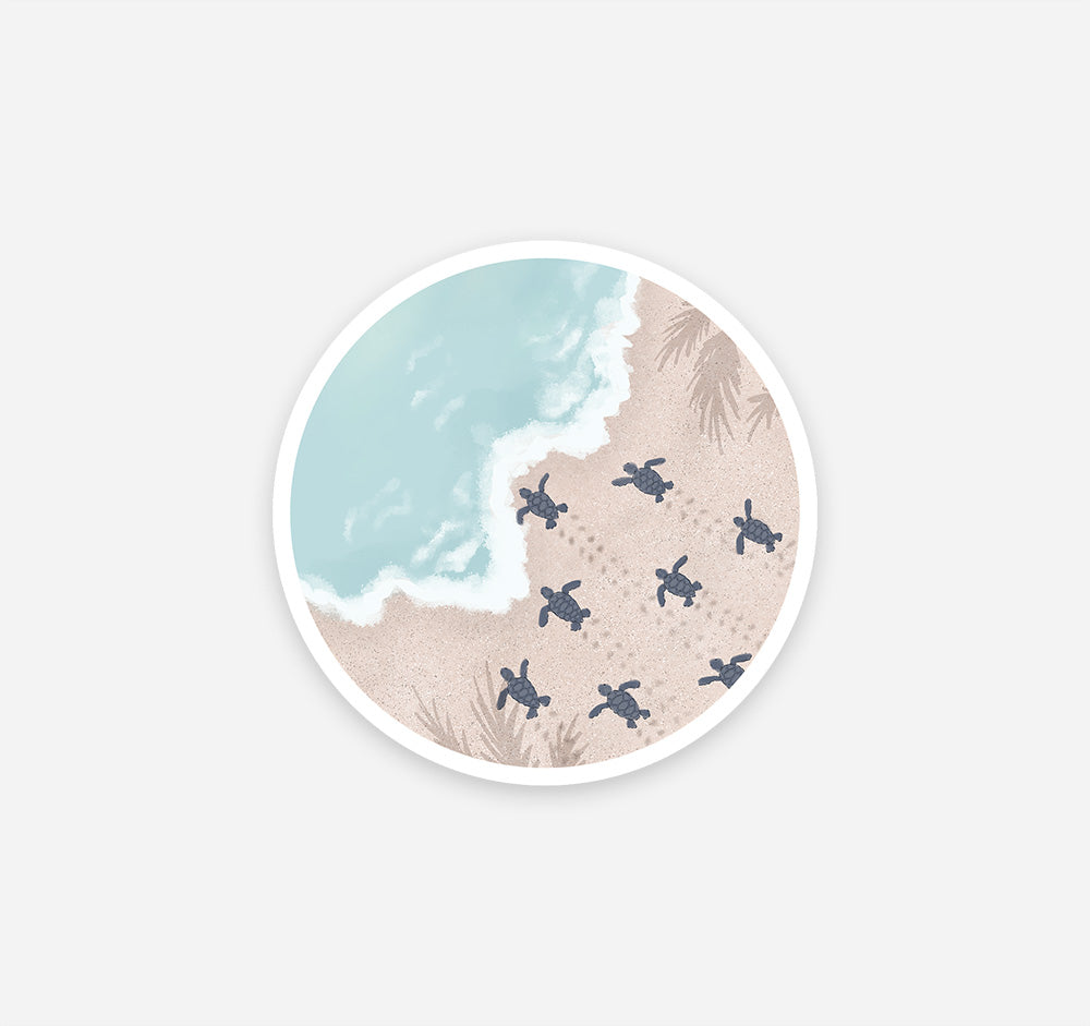 Round vinyl sticker with baby sea turtles moving across the sand towards the ocean