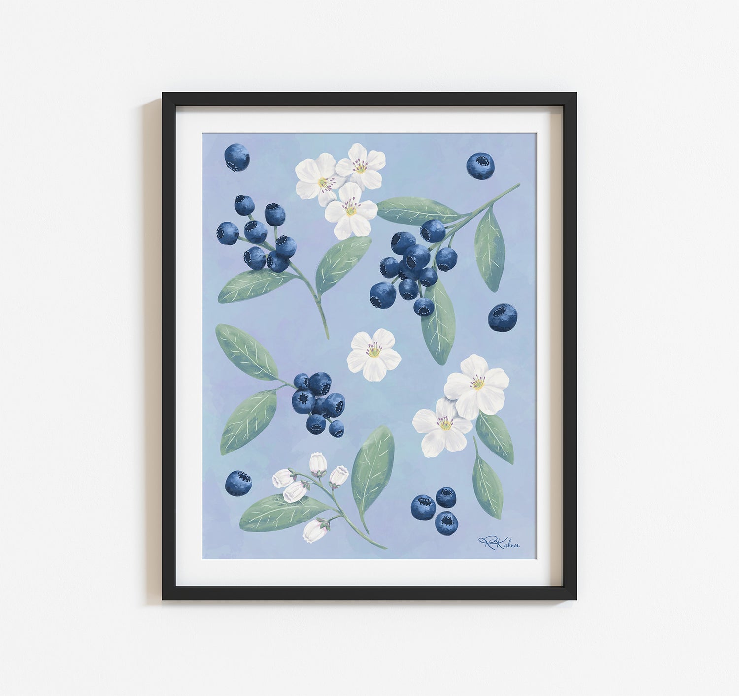 Art print of a painting of blueberries with white fruit flower blossoms
