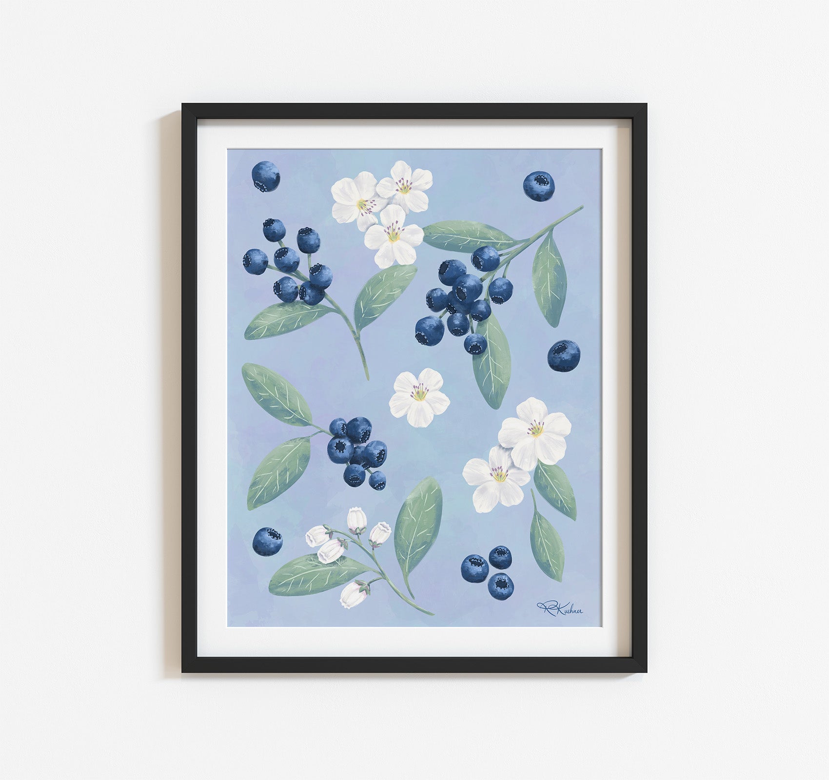 Art print of a painting of blueberries with white fruit flower blossoms