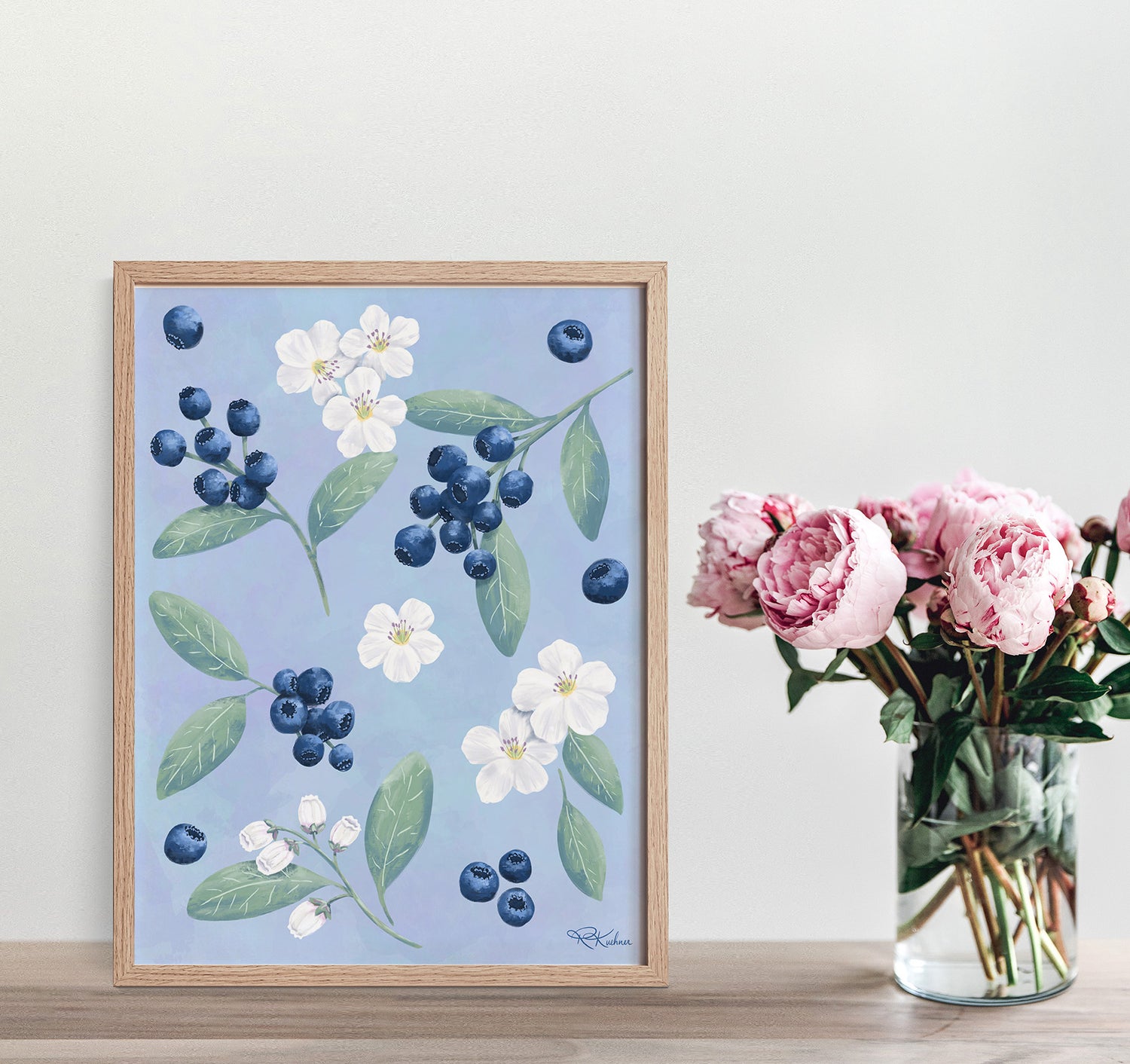Art print of a painting of blueberries with white fruit flower blossoms
