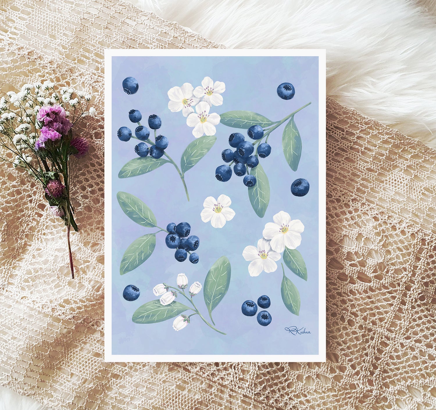 Art print of a painting of blueberries with white fruit flower blossoms