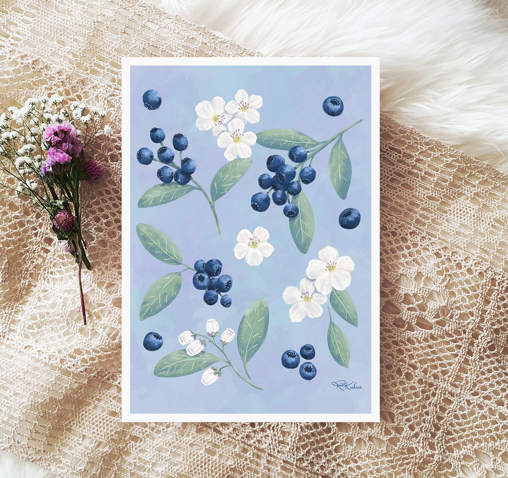 Art print of a painting of blueberries with white fruit flower blossoms