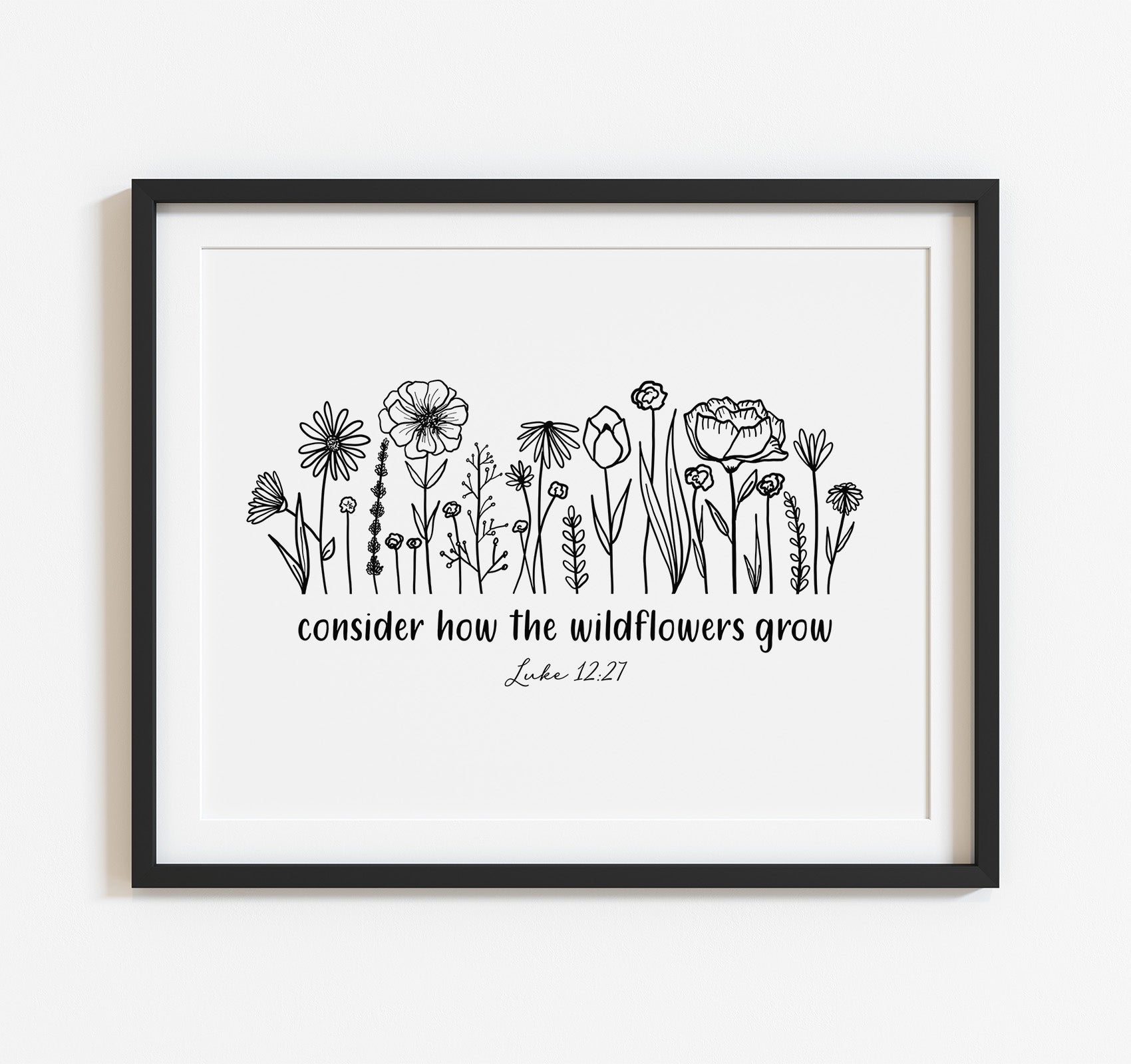 Luke 12:27 Consider how the wildflowers grow Bible verse art print with black and white flowers