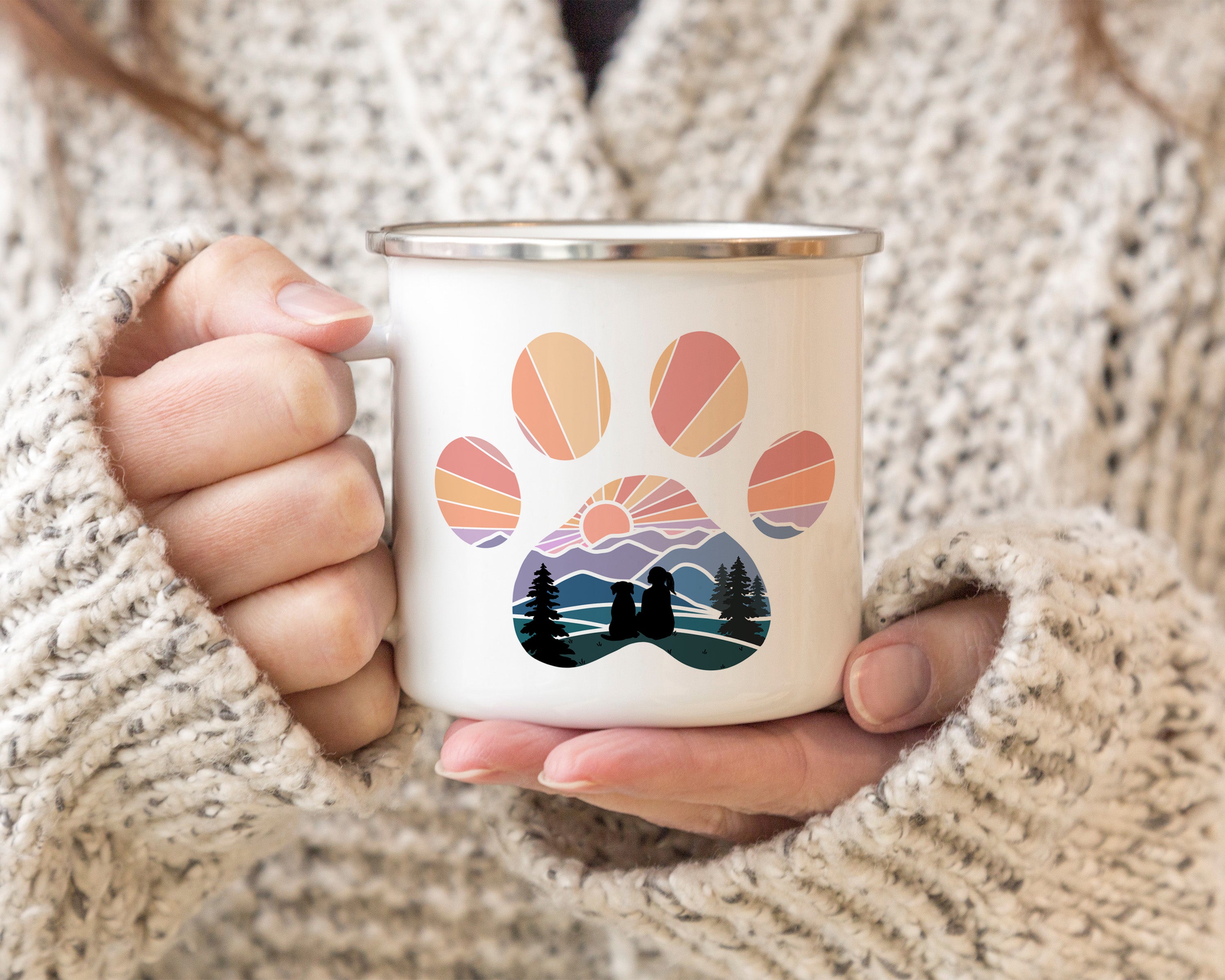 Dog Paw Print Mountain Girl with Dog Camp Mug