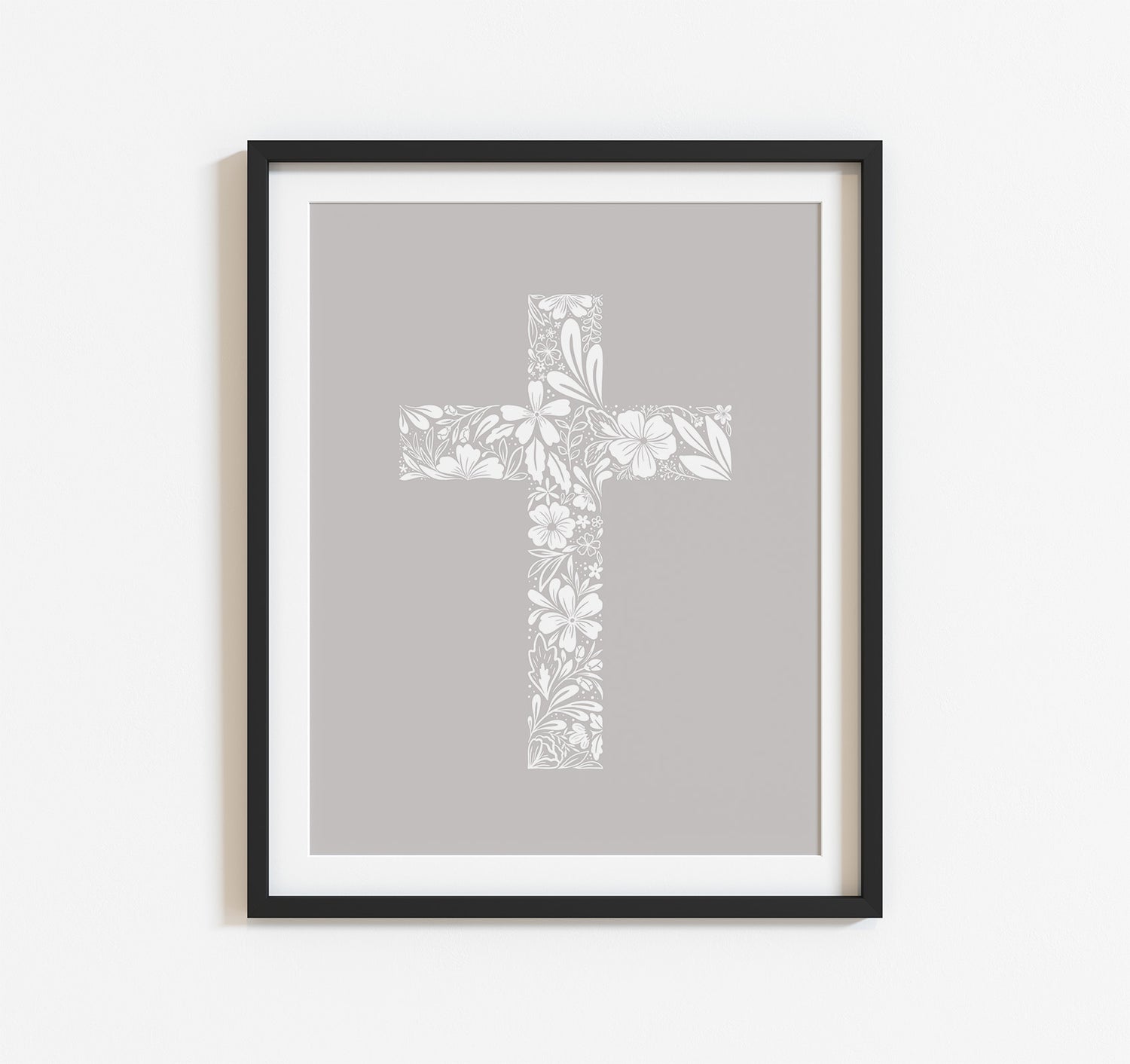 Christian cross of delicate white flowers art print