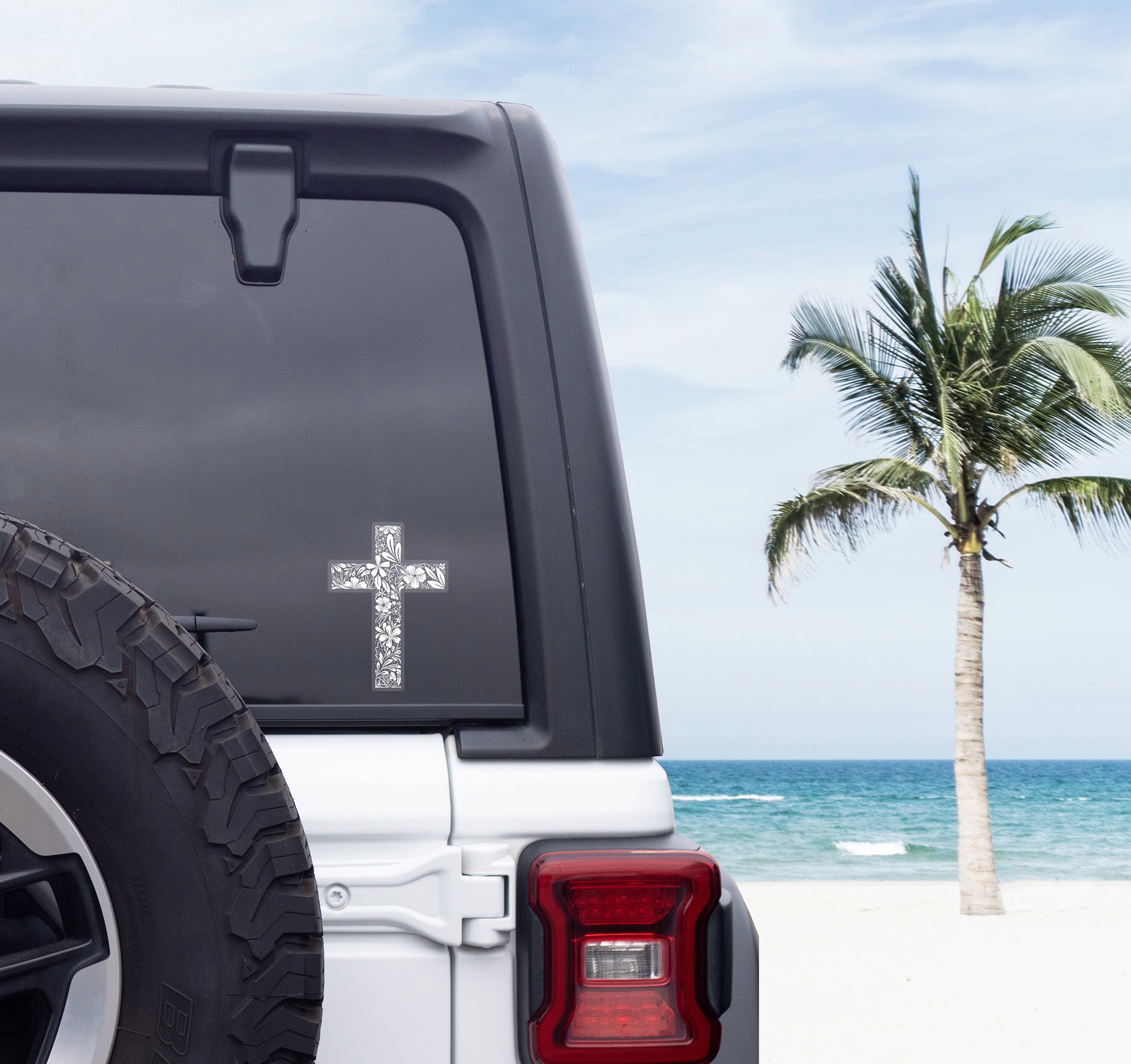 Christian cross car decal with white botanical flowers