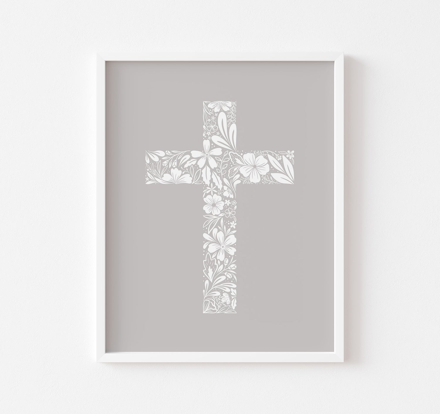 Christian cross of delicate white flowers art print