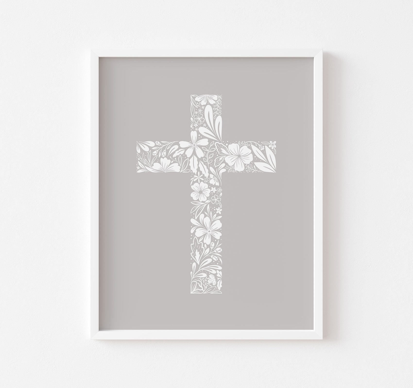 Christian cross of delicate white flowers art print