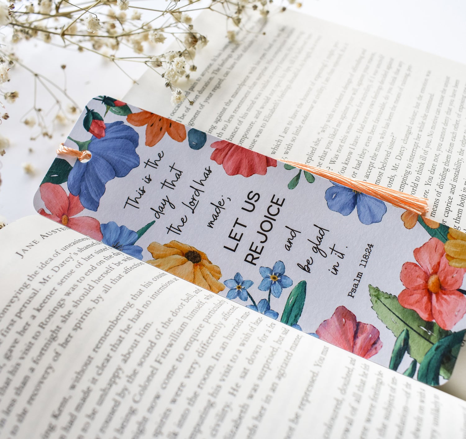 Psalm 118:24 Bible verse Christian floral bookmark with a tassel
