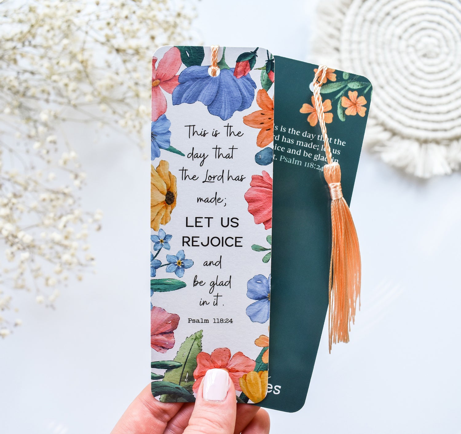 Psalm 118:24 Bible verse Christian floral bookmark with a tassel