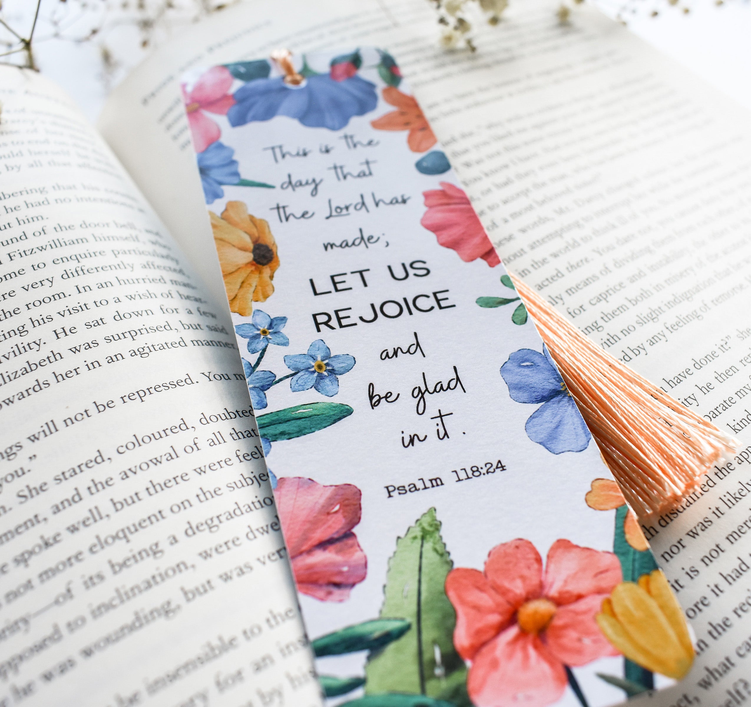 Psalm 118:24 Bible verse Christian floral bookmark with a tassel