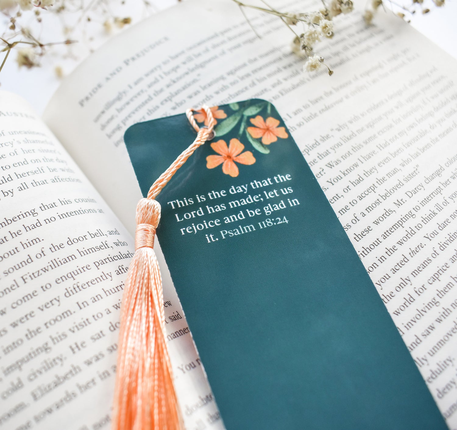 Psalm 118:24 Bible verse Christian floral bookmark with a tassel
