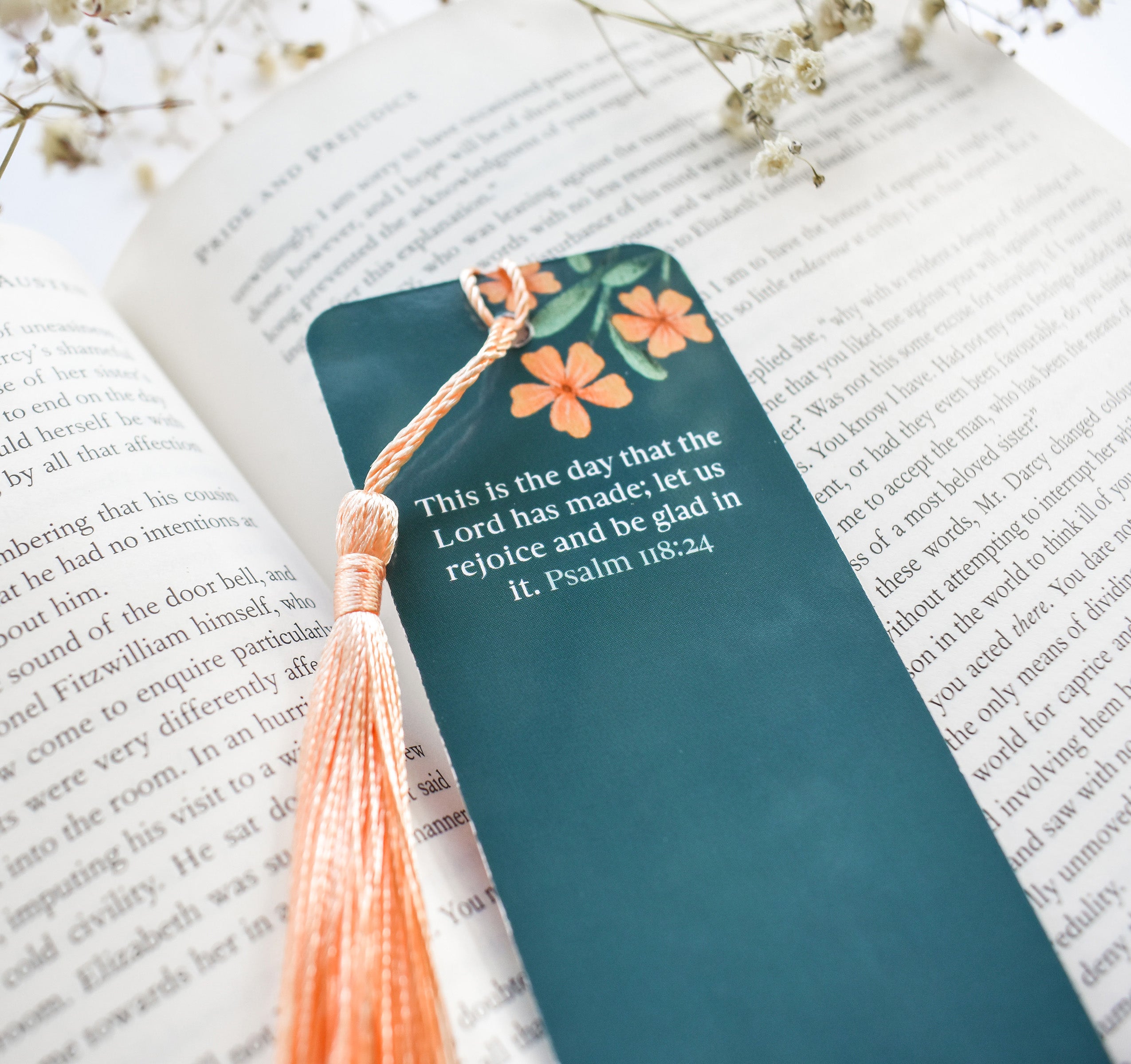 Psalm 118:24 Bible verse Christian floral bookmark with a tassel