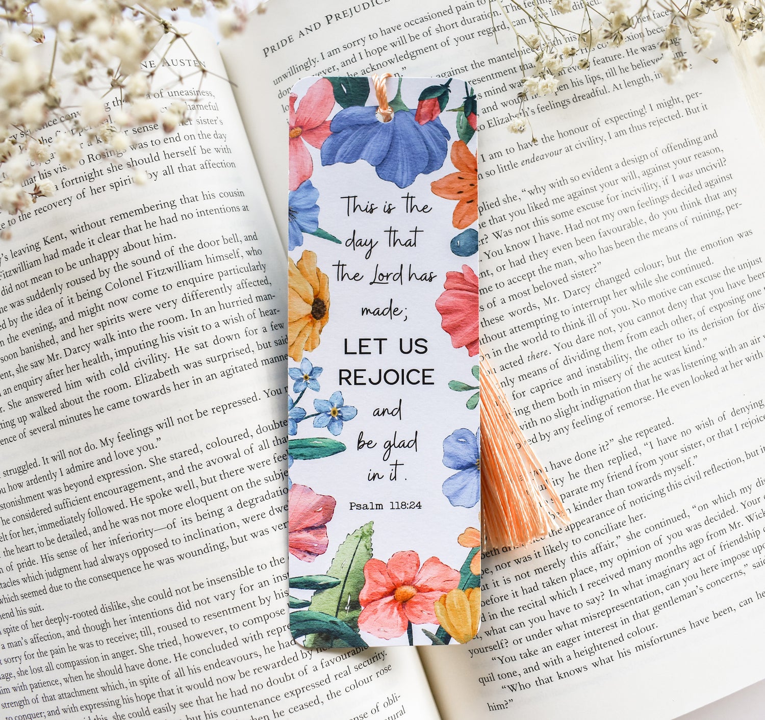 Psalm 118:24 Bible verse Christian floral bookmark with a tassel