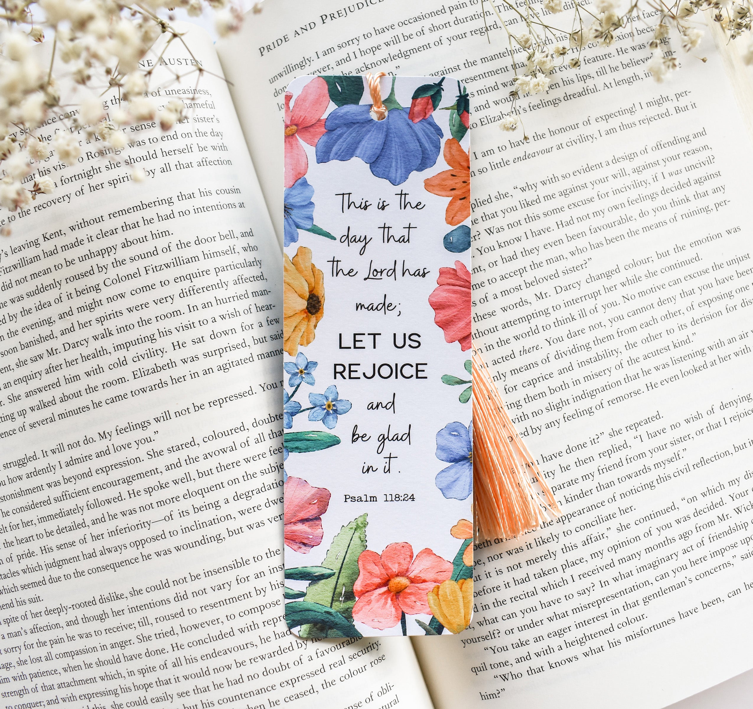 Psalm 118:24 Bible verse Christian floral bookmark with a tassel