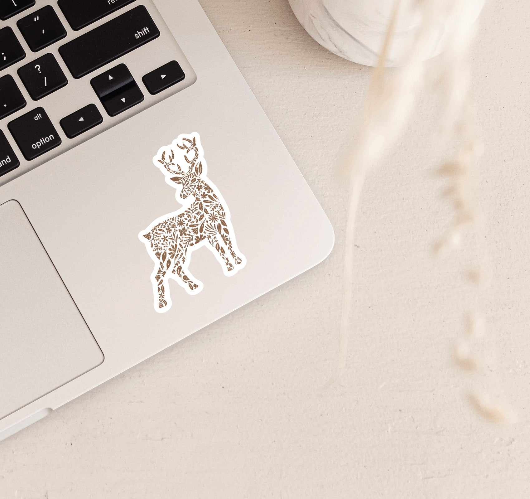 Decorative deer vinyl laptop sticker with floral patterns