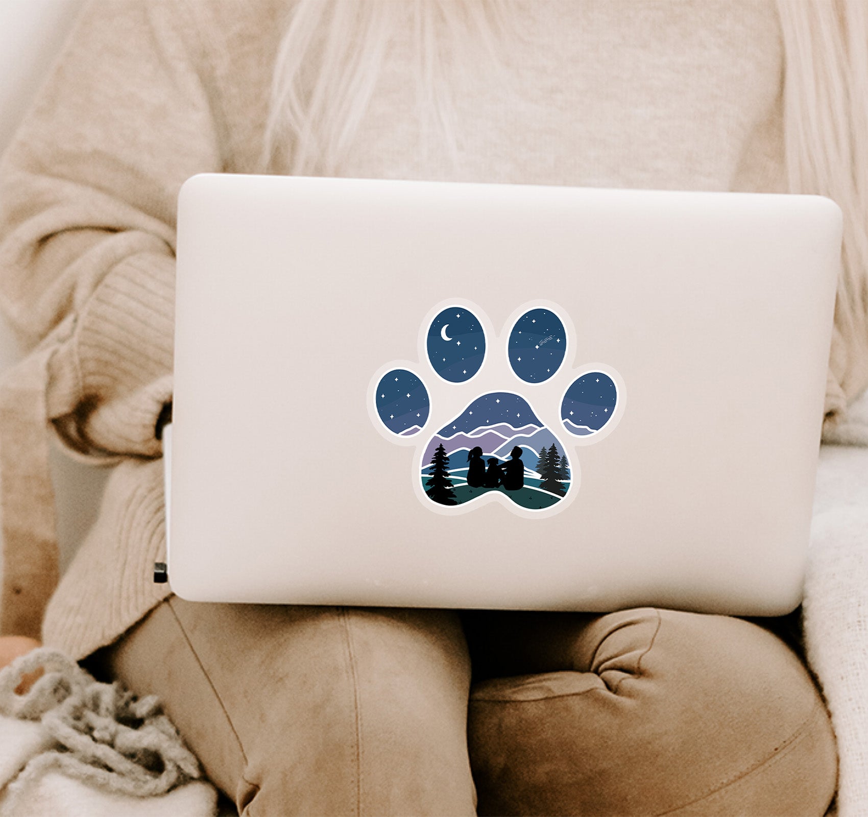 Large 6" dog paw print laptop sticker with a couple and their dog looking at the stars