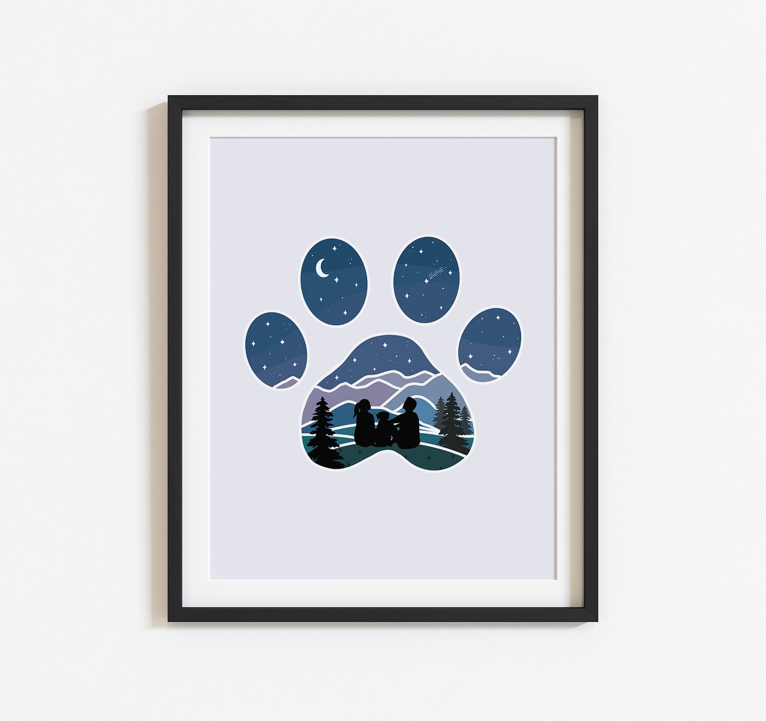 Art print of dog paw print with a couple and their dog watching the stars over the mountains