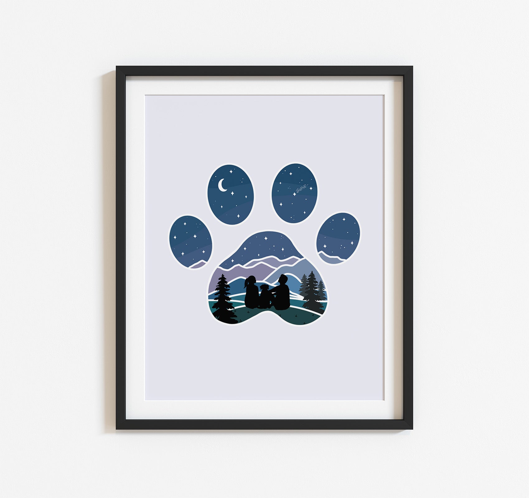 Art print of dog paw print with a couple and their dog watching the stars over the mountains