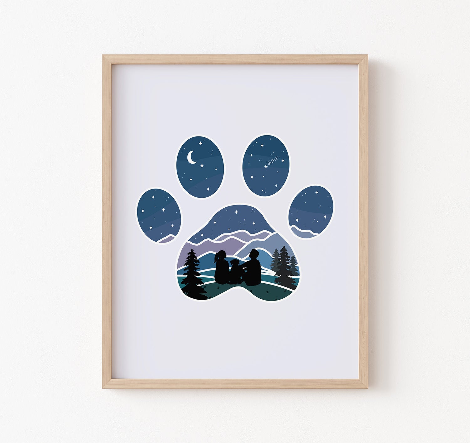 Art print of dog paw print with a couple and their dog watching the stars over the mountains