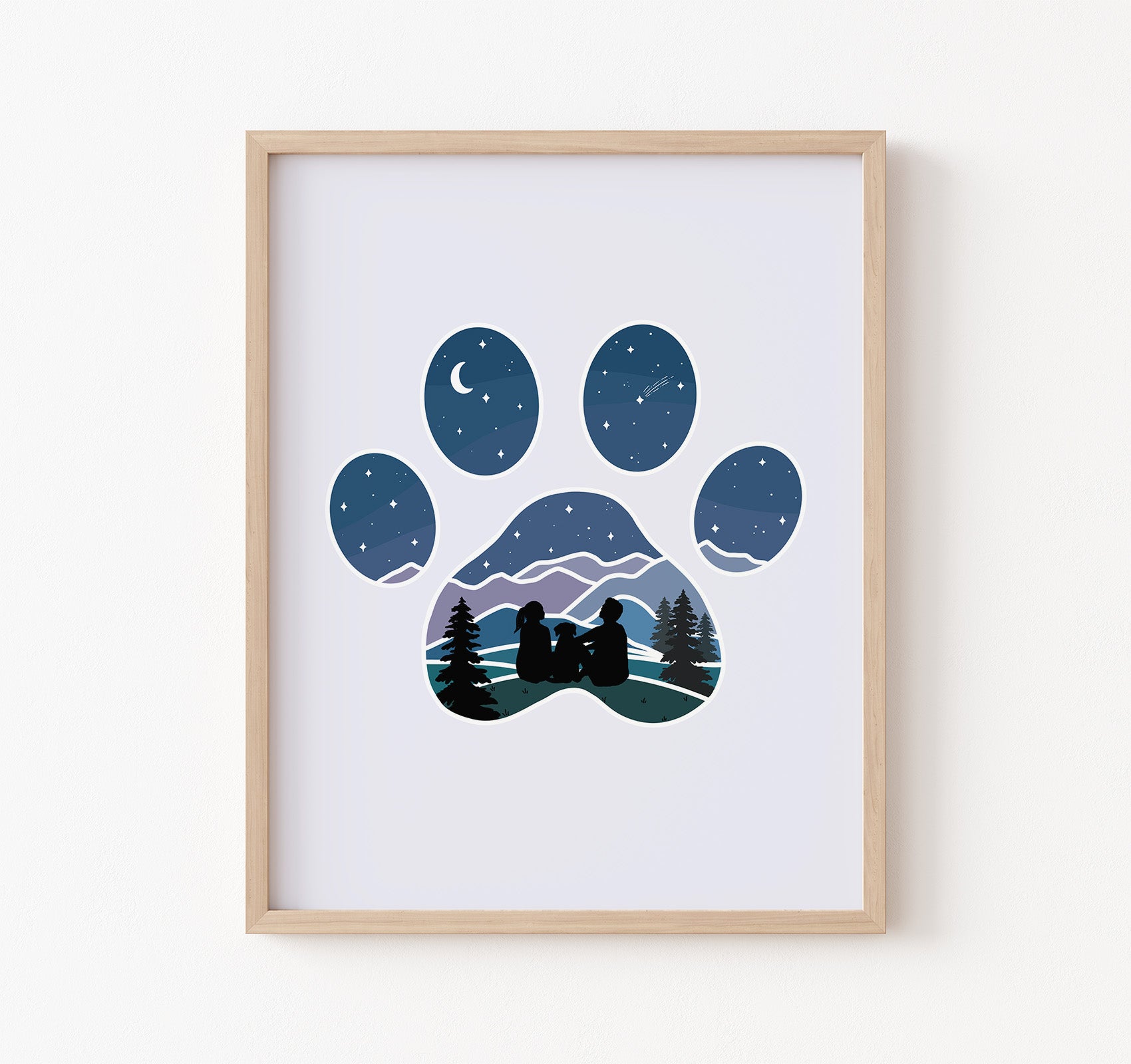 Art print of dog paw print with a couple and their dog watching the stars over the mountains