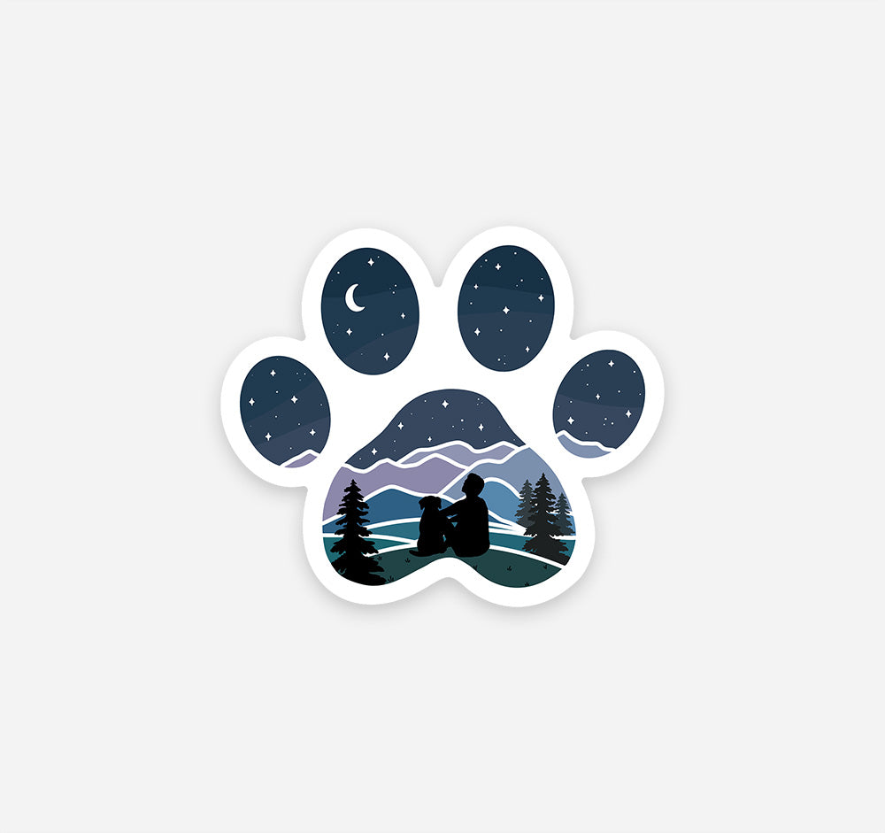 Man and his dog stargazing over the mountains refrigerator magnet in the shape of a dog paw print