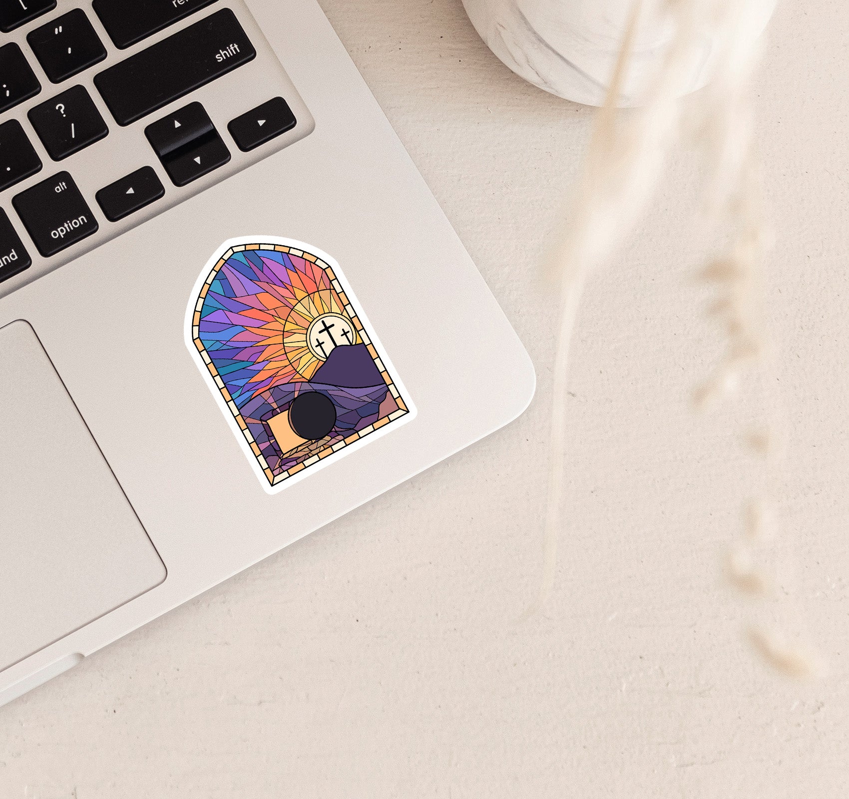 Easter empty tomb laptop sticker designed like a stained glass window