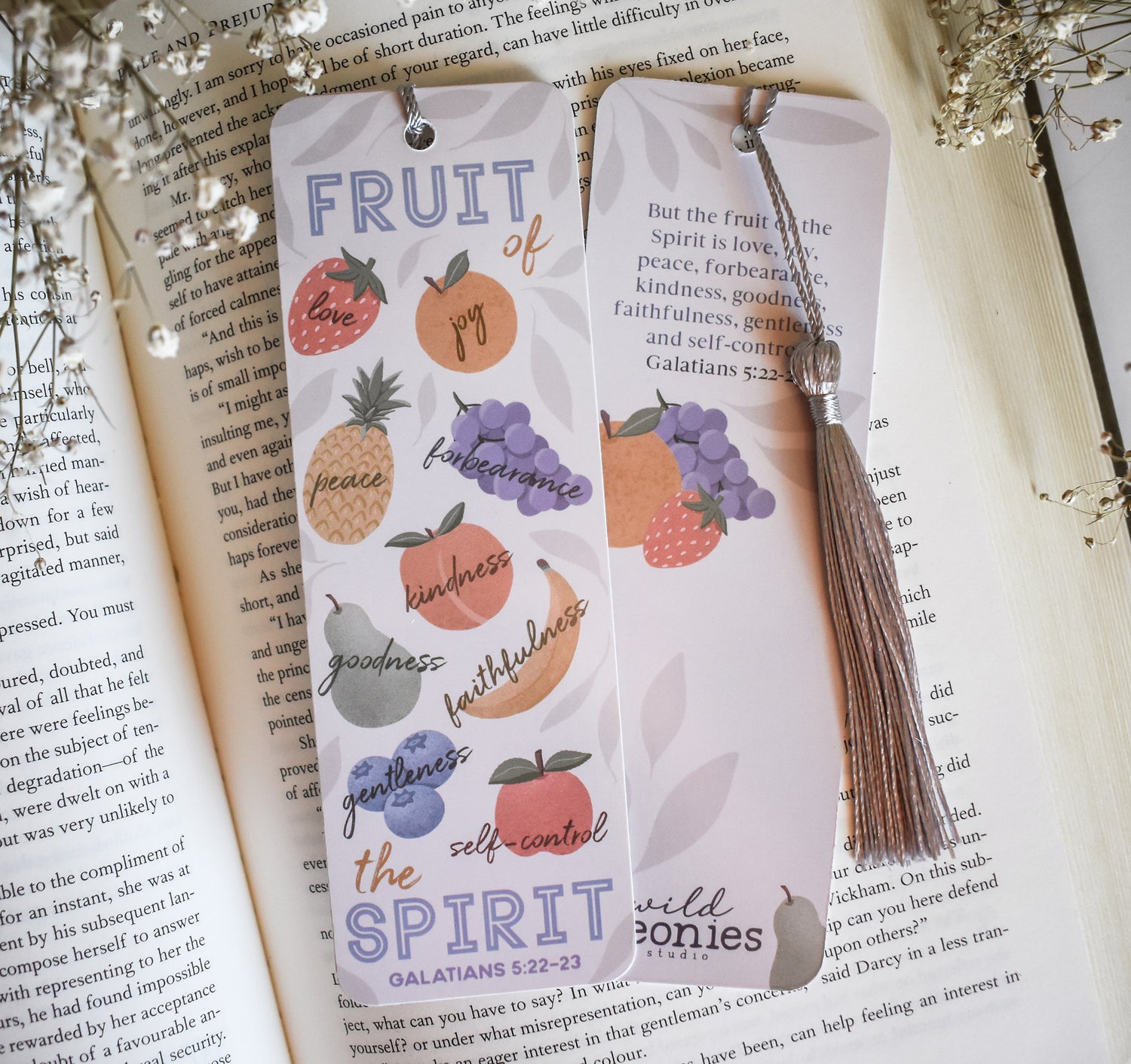 Galatians 5:22-23 Fruit of the Spirit bookmark with a tassel