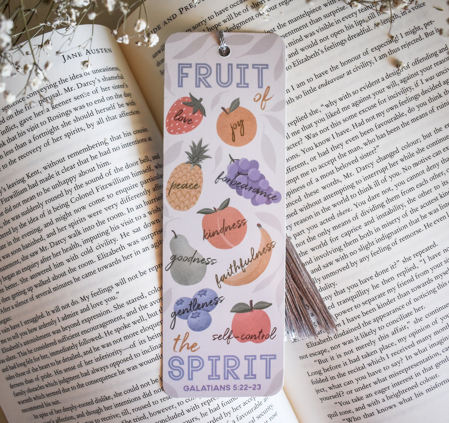 Galatians 5:22-23 Fruit of the Spirit bookmark with a tassel