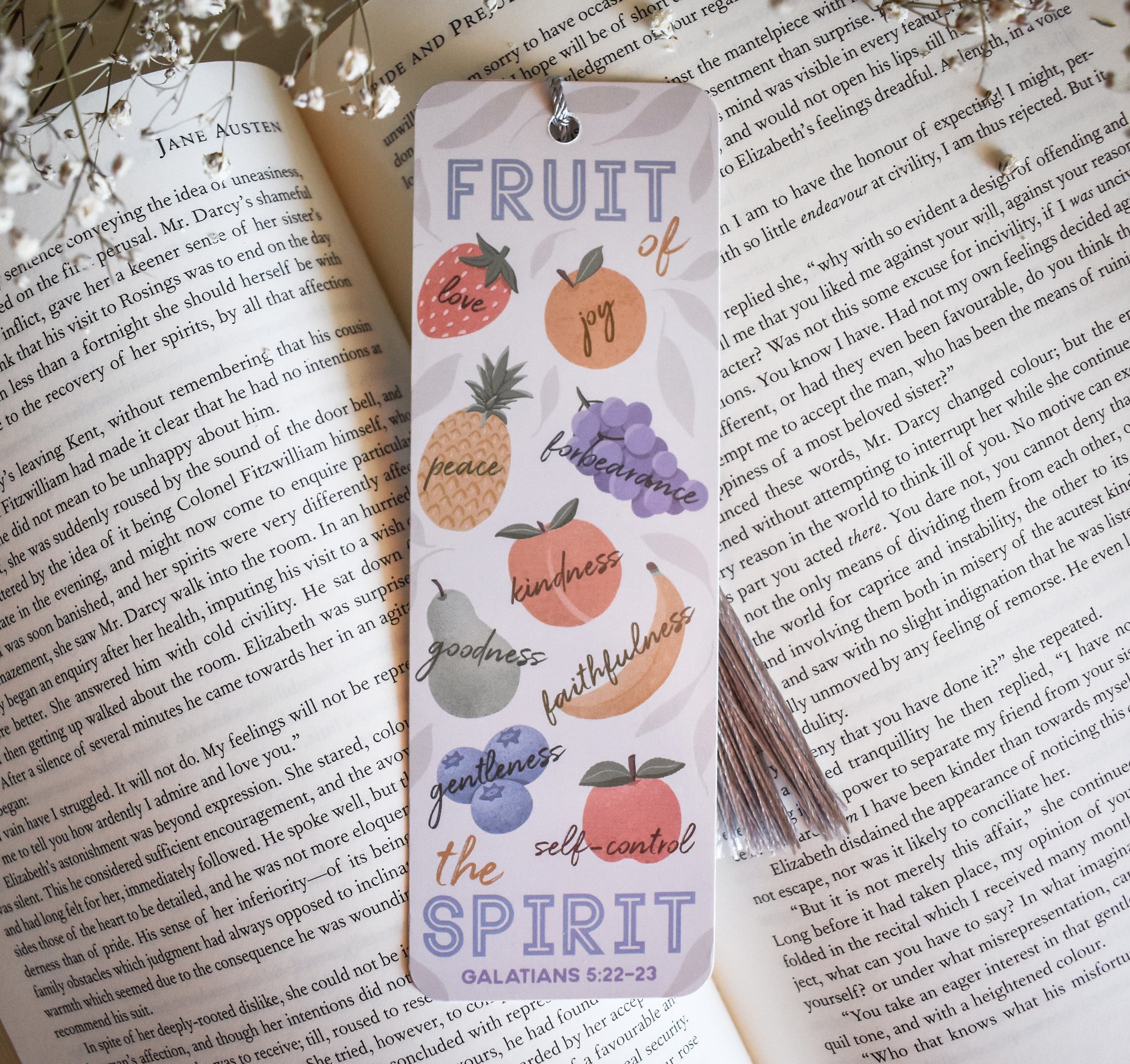 Galatians 5:22-23 Fruit of the Spirit bookmark with a tassel