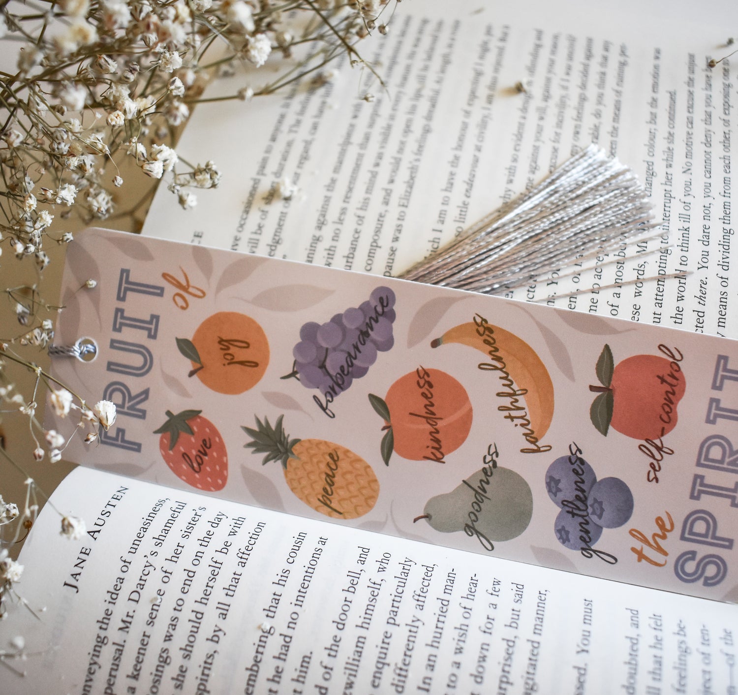 Galatians 5:22-23 Fruit of the Spirit bookmark with a tassel