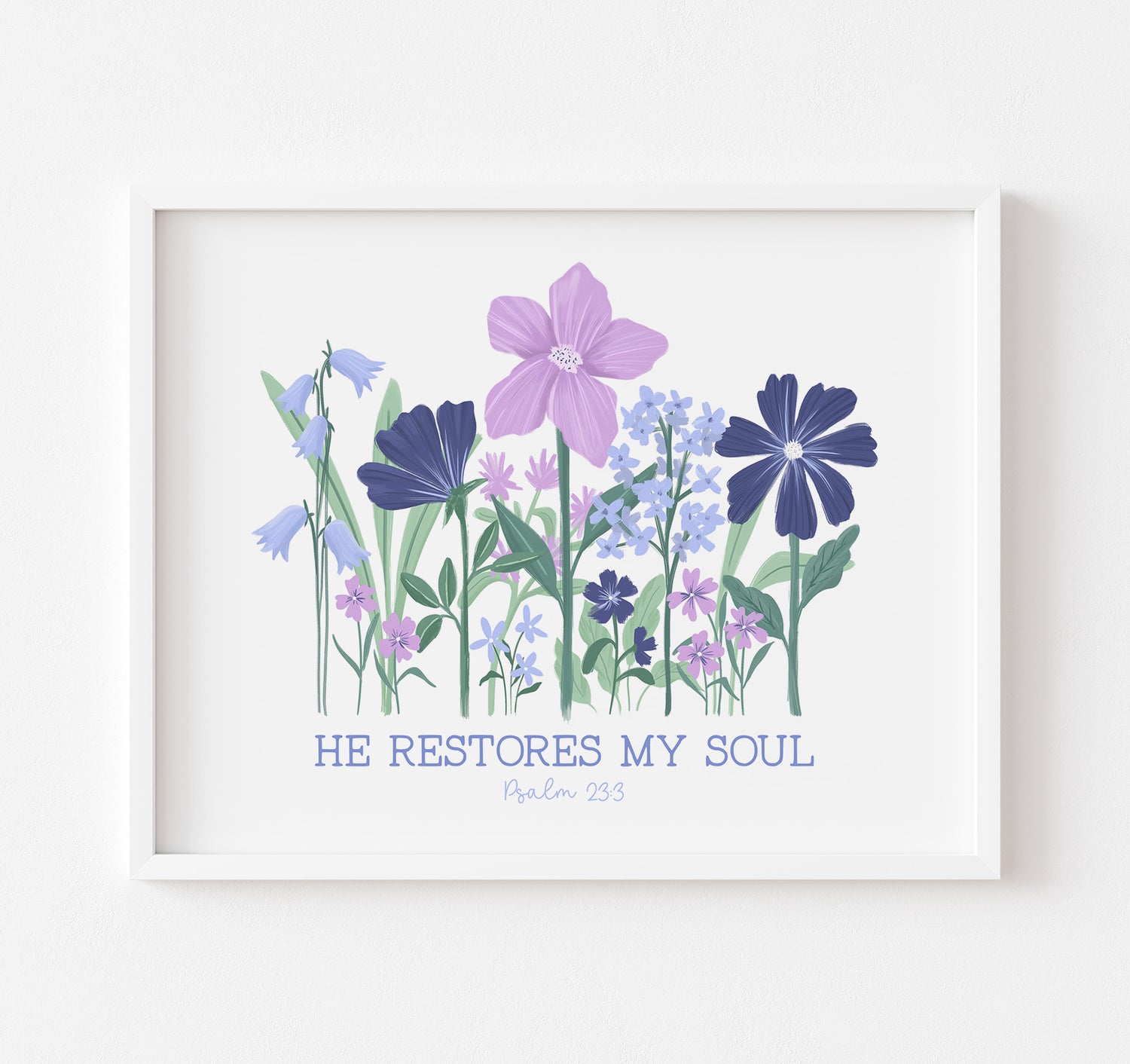 Psalm 23 floral art print with the Bible verse He restores my soul