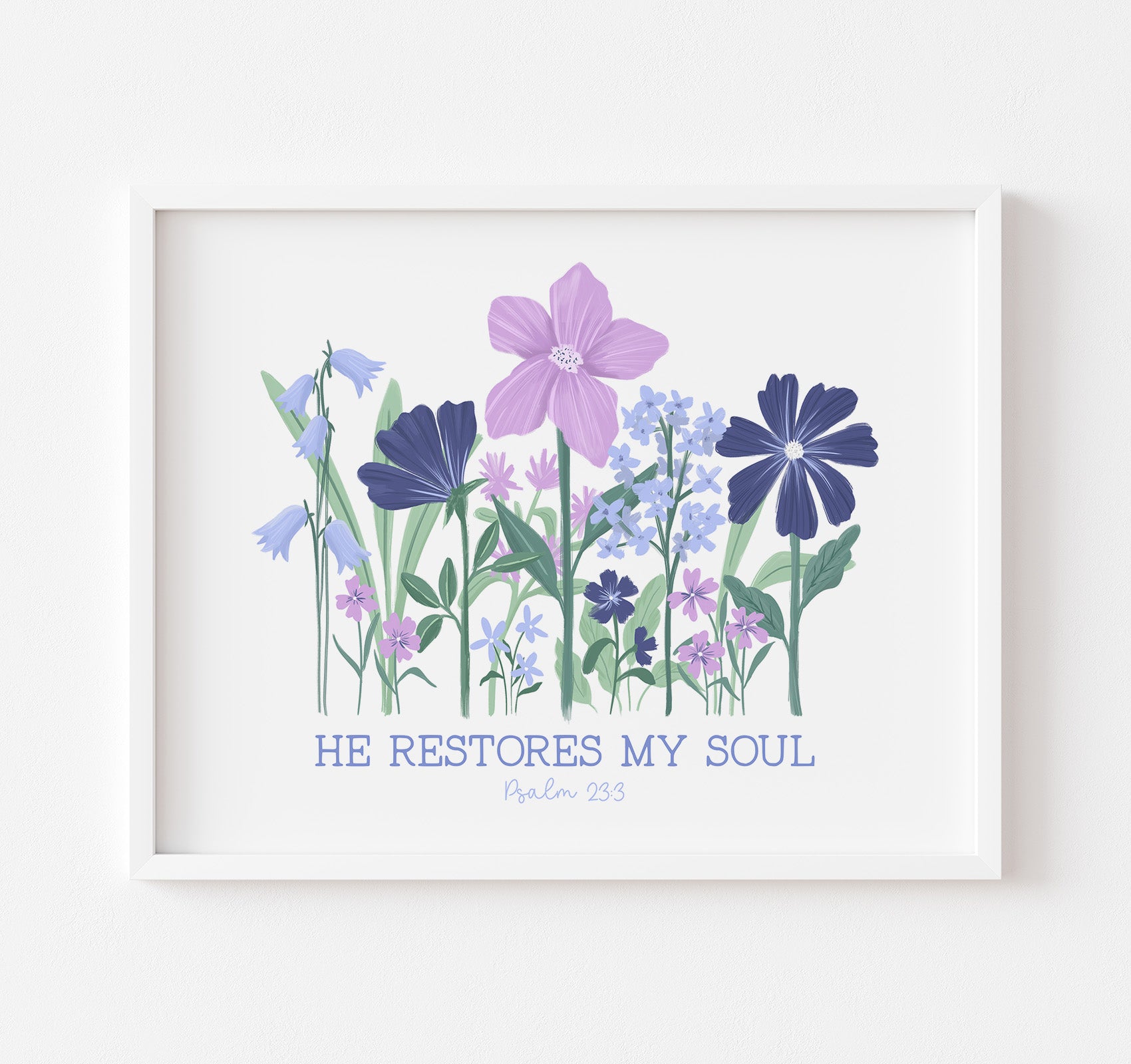 Psalm 23 floral art print with the Bible verse He restores my soul