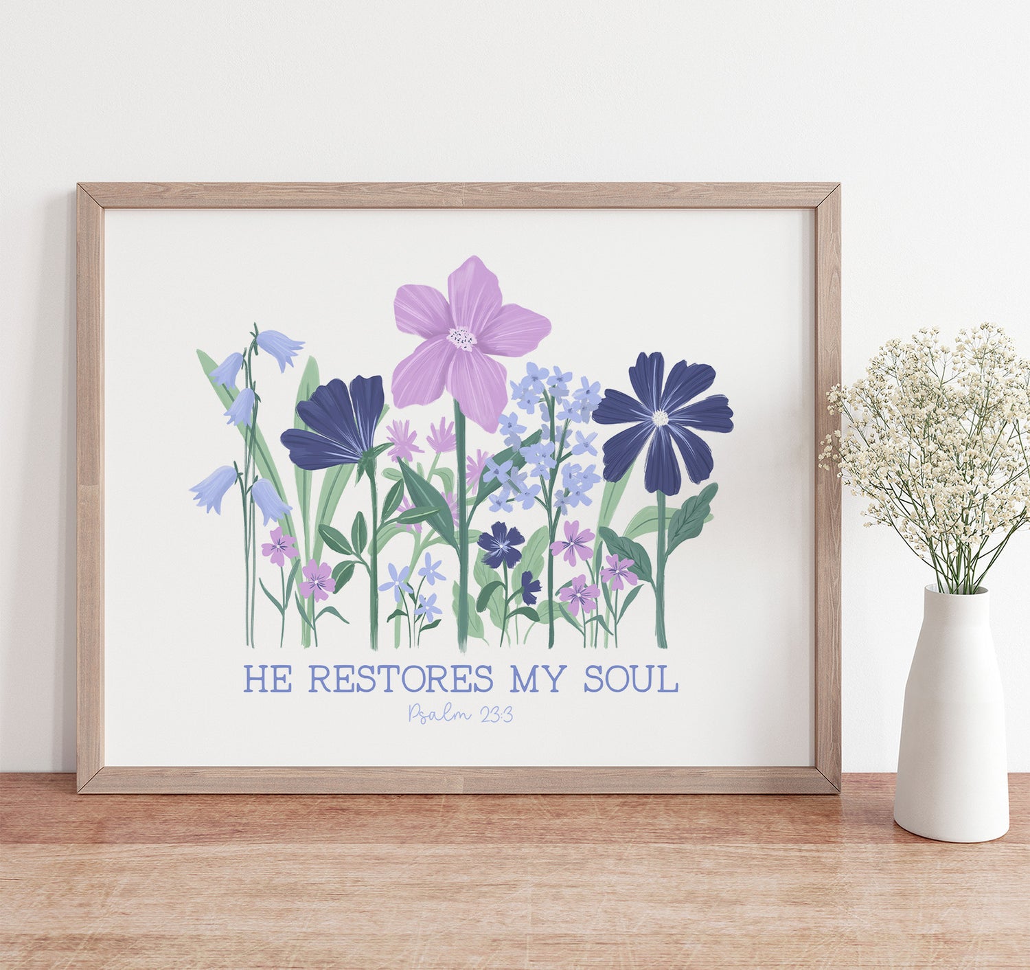 Psalm 23 floral art print with the Bible verse He restores my soul