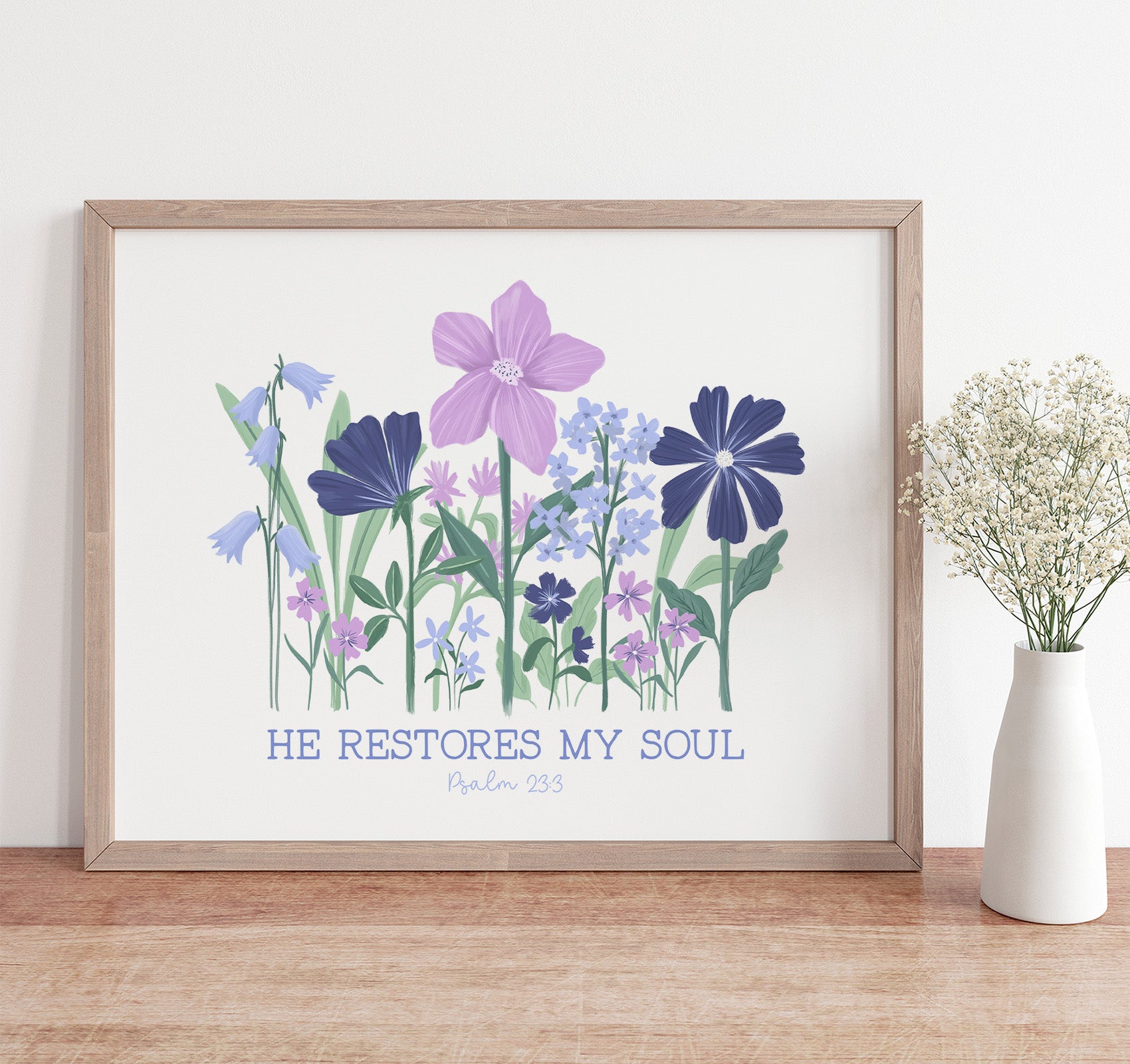 Psalm 23 floral art print with the Bible verse He restores my soul