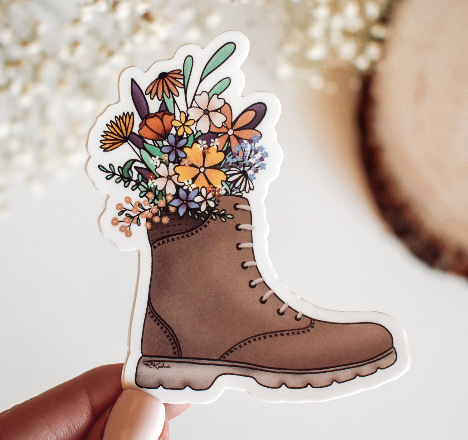 Hiking boot sticker filled with flowers