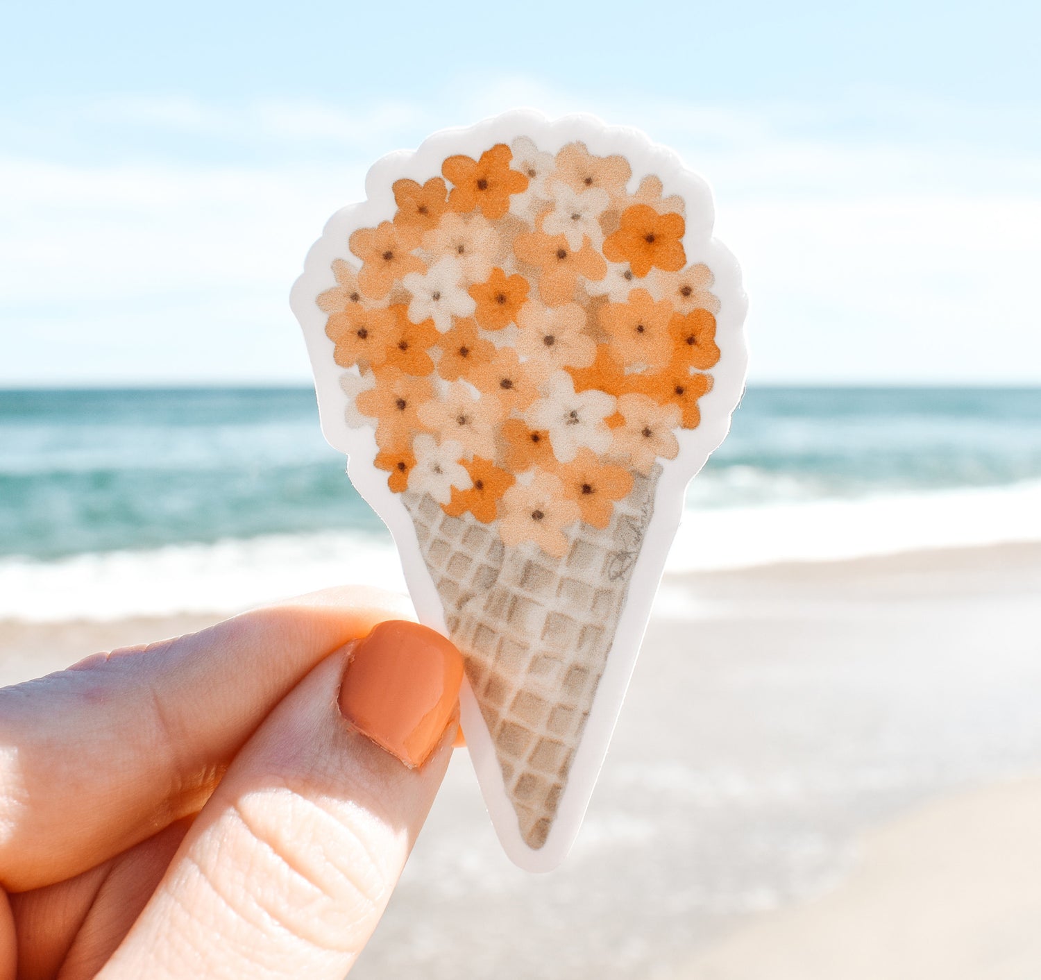 Ice cream sticker with cute orange and peach flowers