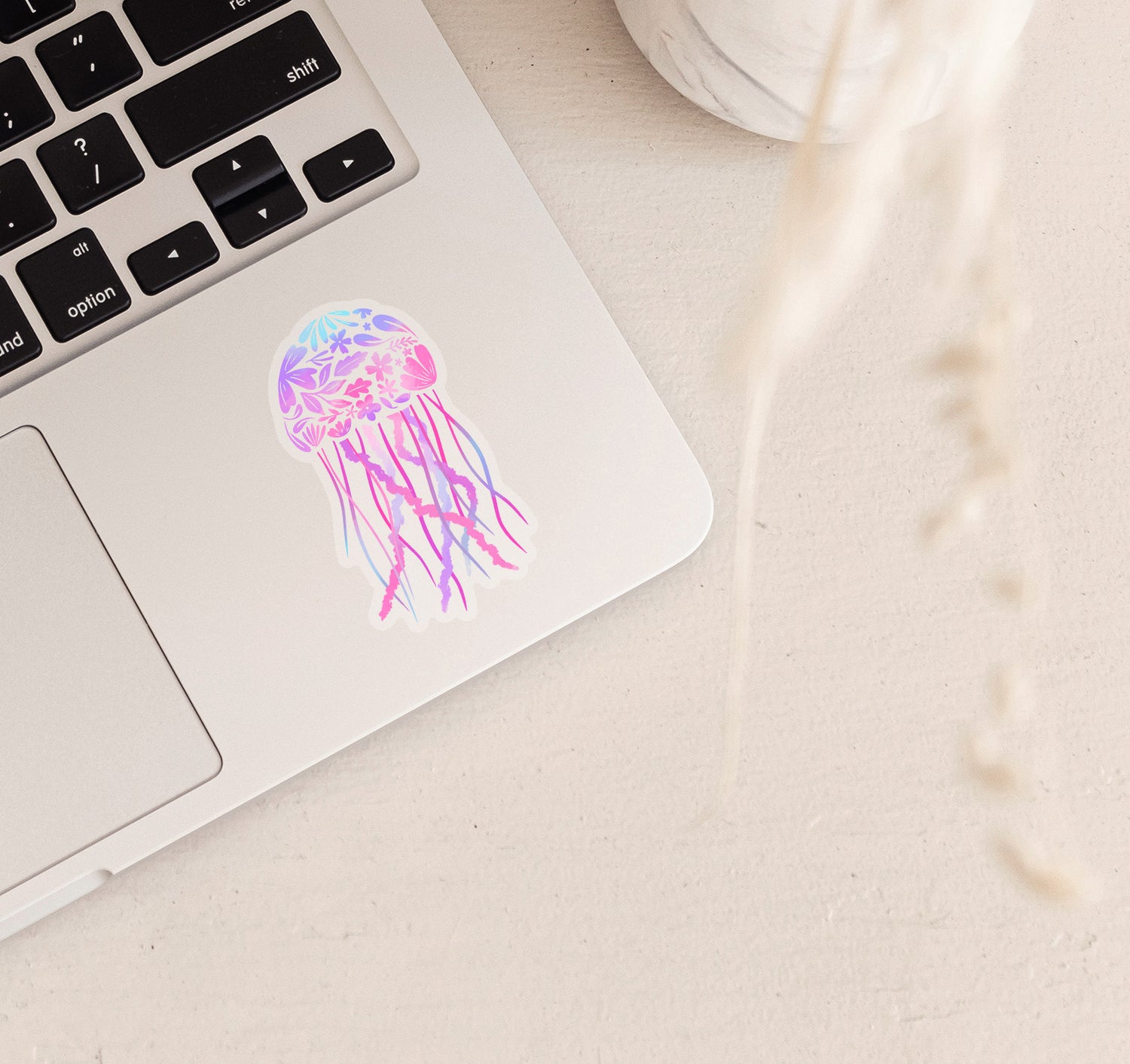 Pink and purple jellyfish laptop sticker with flowers