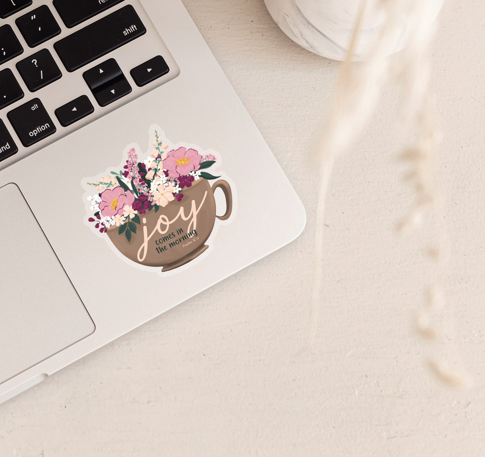 Psalm 30:5 Bible verse Christian laptop sticker with a cup full of pink and white flowers