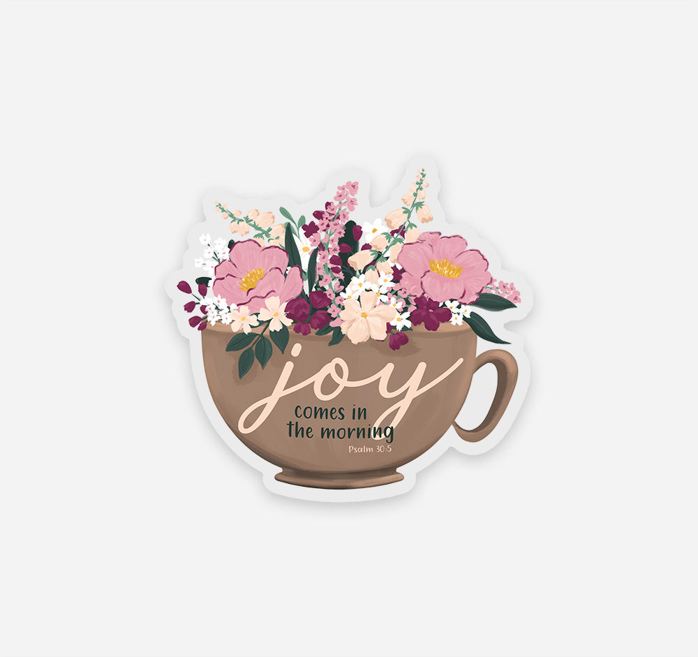 Psalm 30:5 Bible verse Christian sticker with a cup full of pink and white flowers