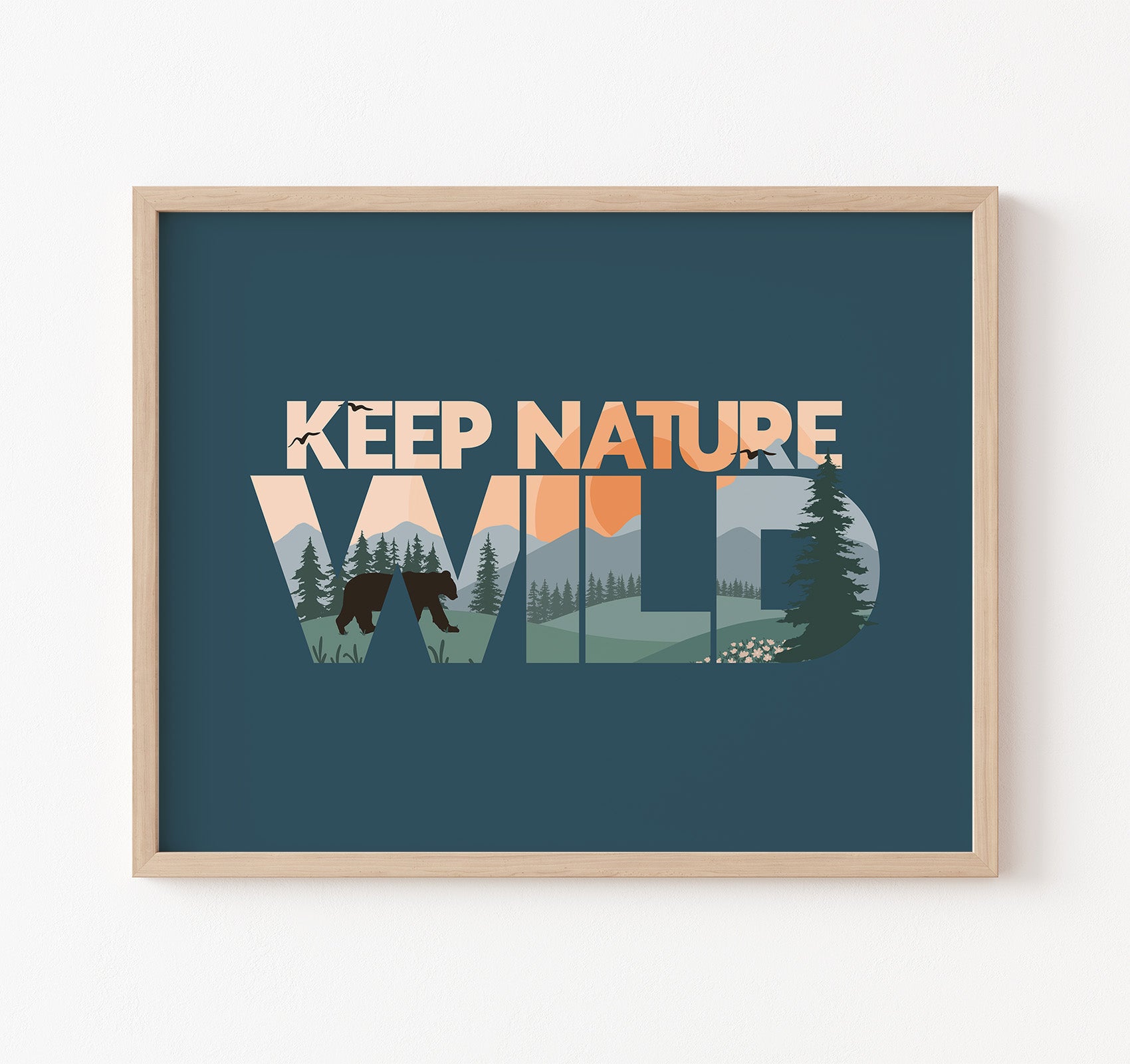 Keep Nature Wild art print with mountains, forest, and a bear at sunset