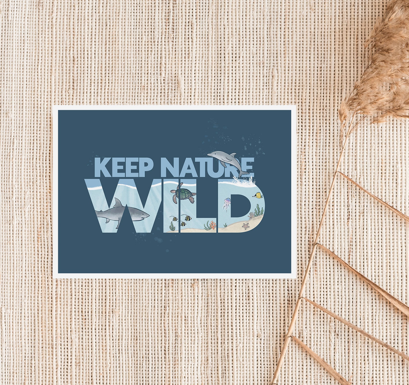 Keep Nature Wild underwater ocean scene art print with a sea turtle, great white shark, bottlenose dolphin, jellyfish, and tropical fish.