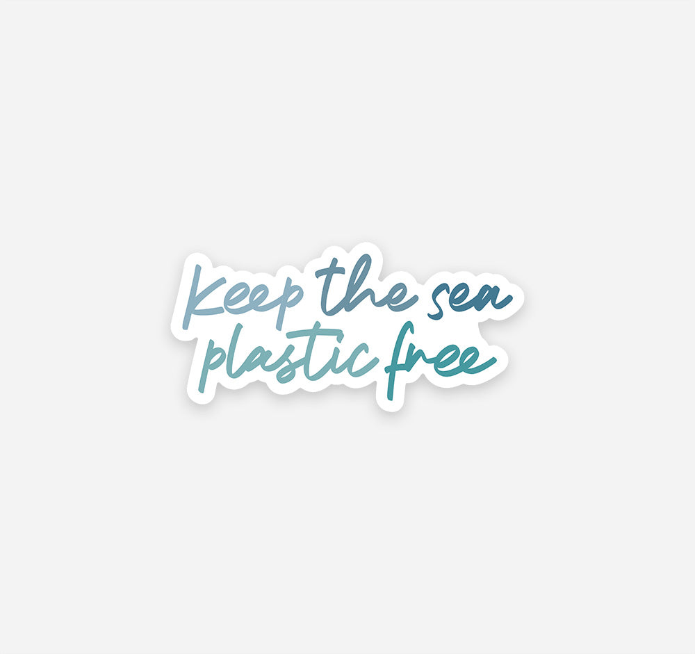 Keep the sea plastic free sticker with ocean blue text