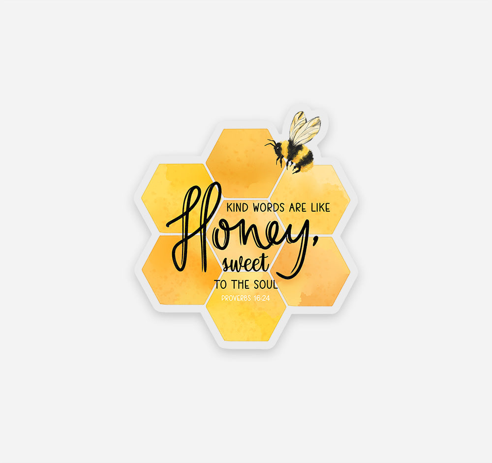 Kind words are like honey, sweet to the soul. This Proverbs 16:24 Bible verse Christian sticker has a honeycomb and bumble bee