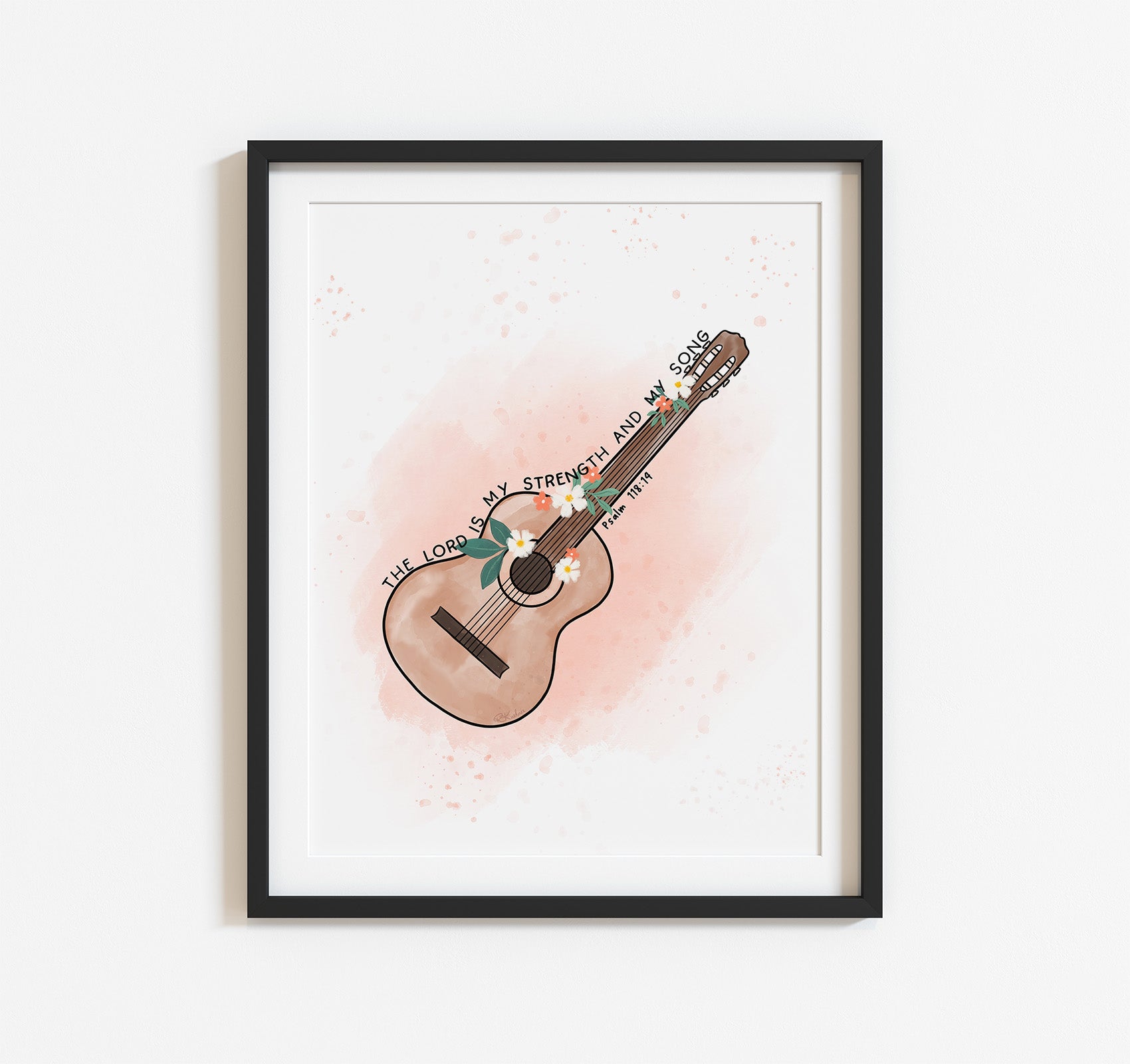 Psalm 118:14 Bible verse art print with a guitar