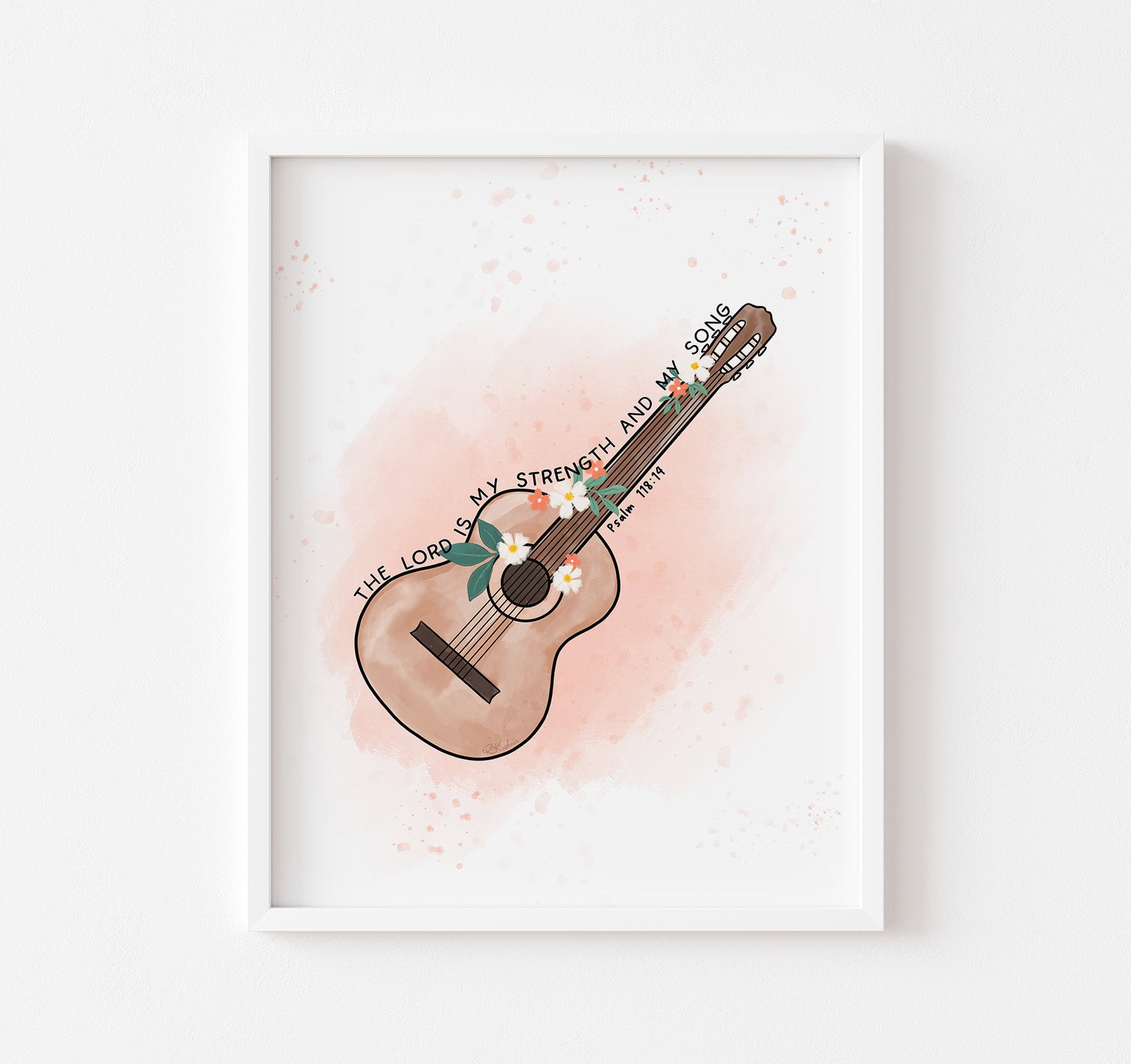 Psalm 118:14 Bible verse art print with a guitar