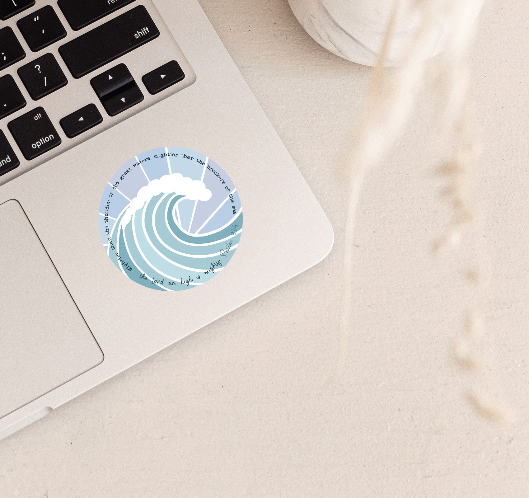 Mightier than the breakers of the sea, Psalm 93:4 Bible verse Christian sticker with an ocean wave