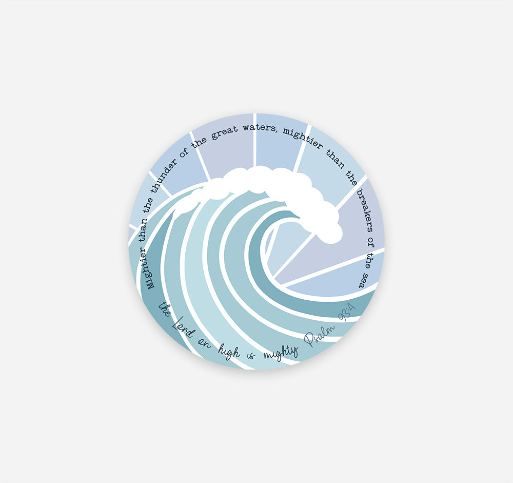 Mightier than the breakers of the sea, Psalm 93:4 Bible verse Christian sticker with an ocean wave