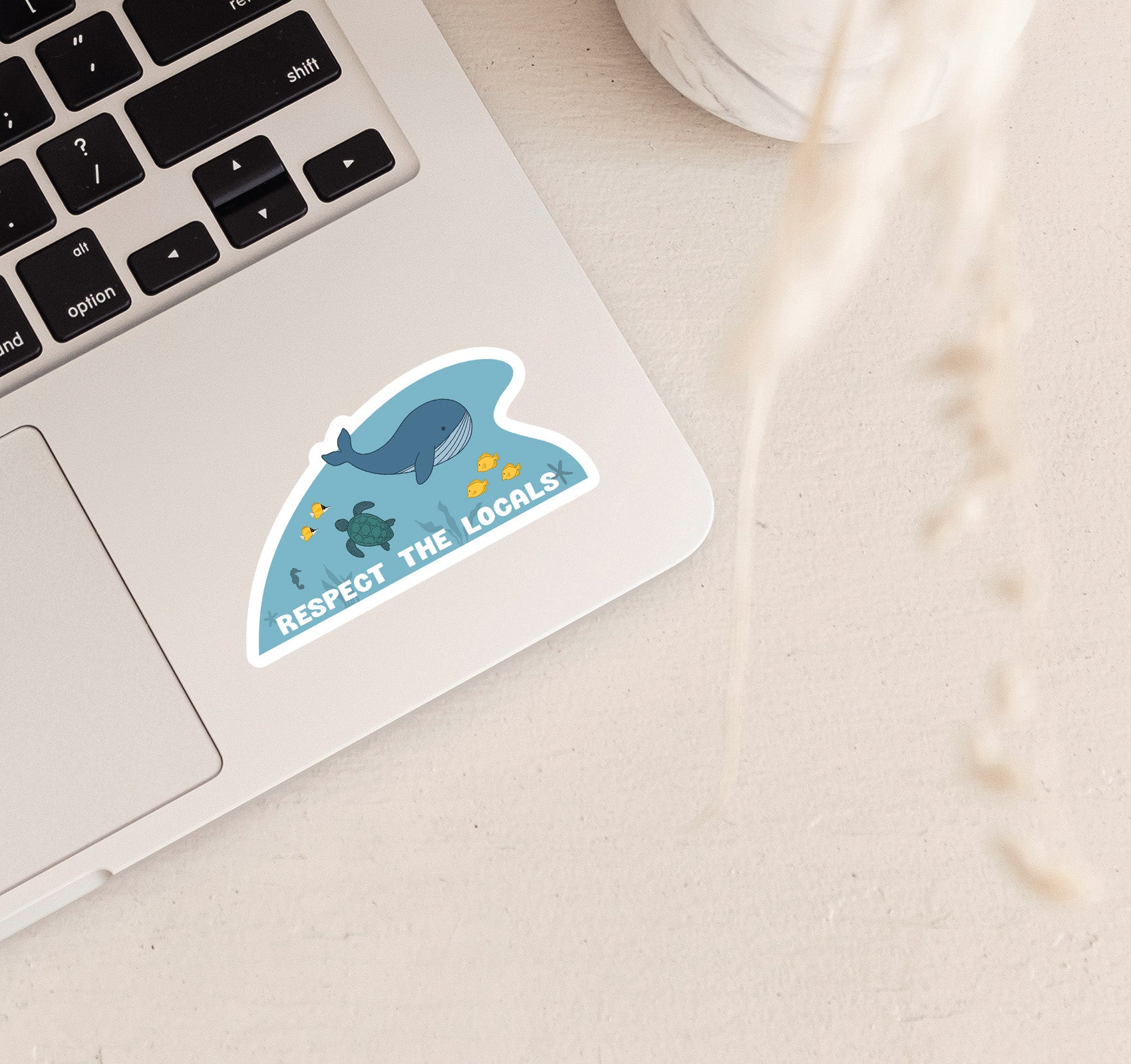 Respect the locals ocean themed sea animals laptop sticker