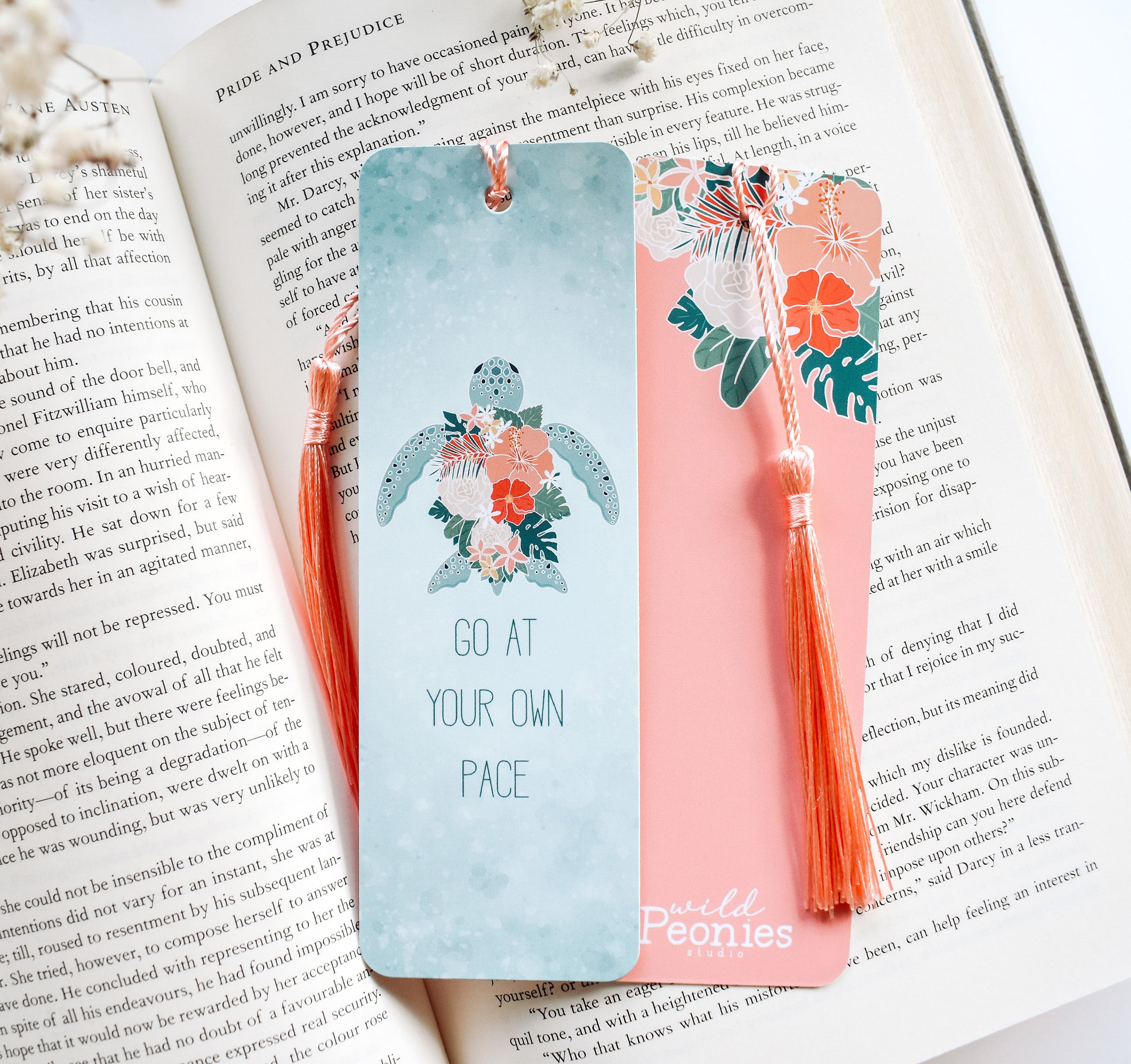 Hawaiian green sea turtle with tropical flowers bookmark and the quote "go at your own pace"